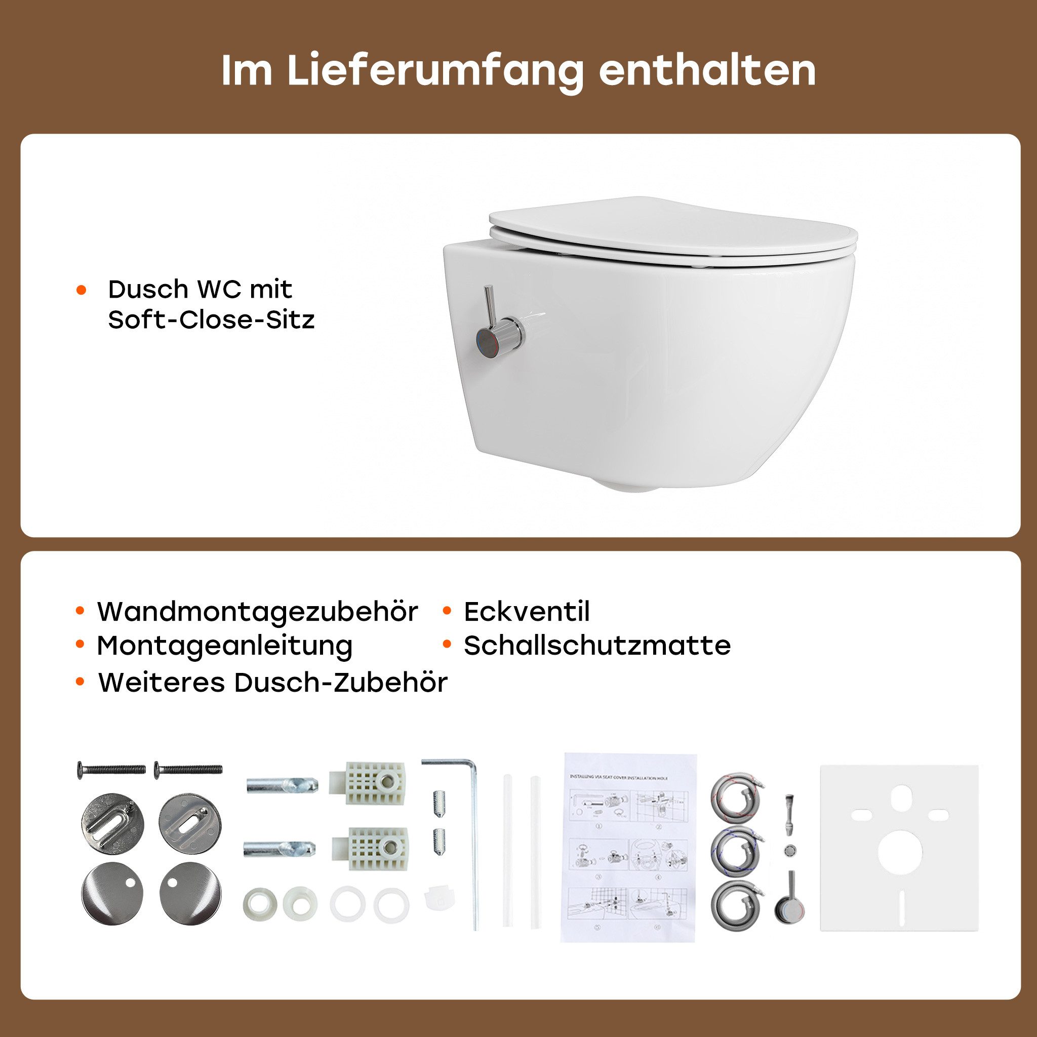 HOROW Dusch-WC Taharet -WC mit Softclose Toilettensitz, spülrandlose Toilette, Toilette mit Bidet-Funktion, Abgang waagerecht, Set, Wand-WC mit WC-Sitz Absenkau – Bild 5 von 5