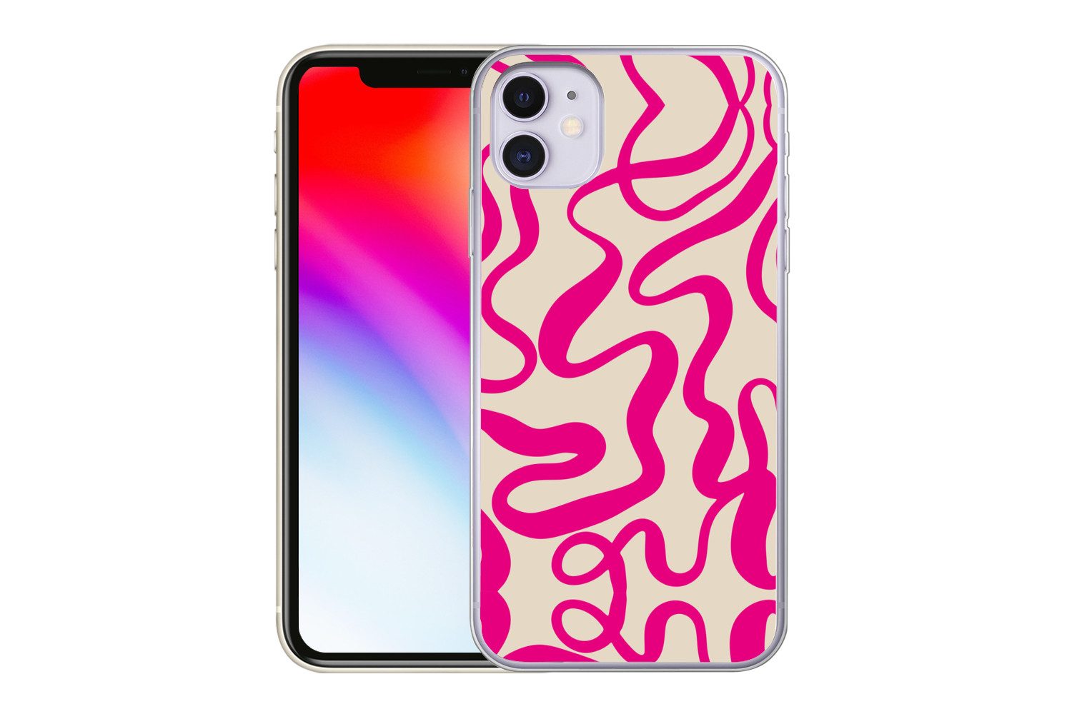 MuchoWow Handyhülle für Apple iPhone 11 Linien - Rosa - Beige - Abstrakt - Minimalistisch, Smartphone-Bumper, Print, Handy Schutzhülle Dünn