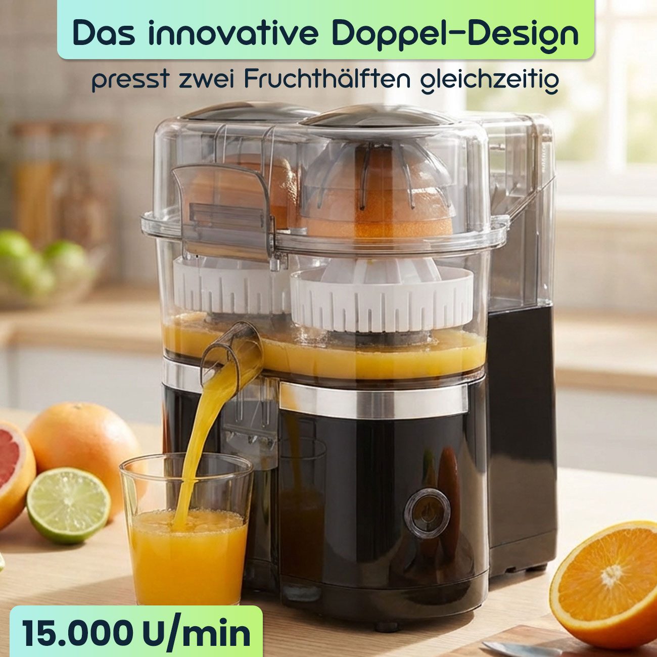 Casativo Entsafter Kompakte Kabellose Akku Doppelpresse 120W USB-C Saft- & Zitruspresse, 120 W, 2.000 mAh Akku, 15.000 U/min Motor, ca. 68 Nutzungen pro Ladezyklus