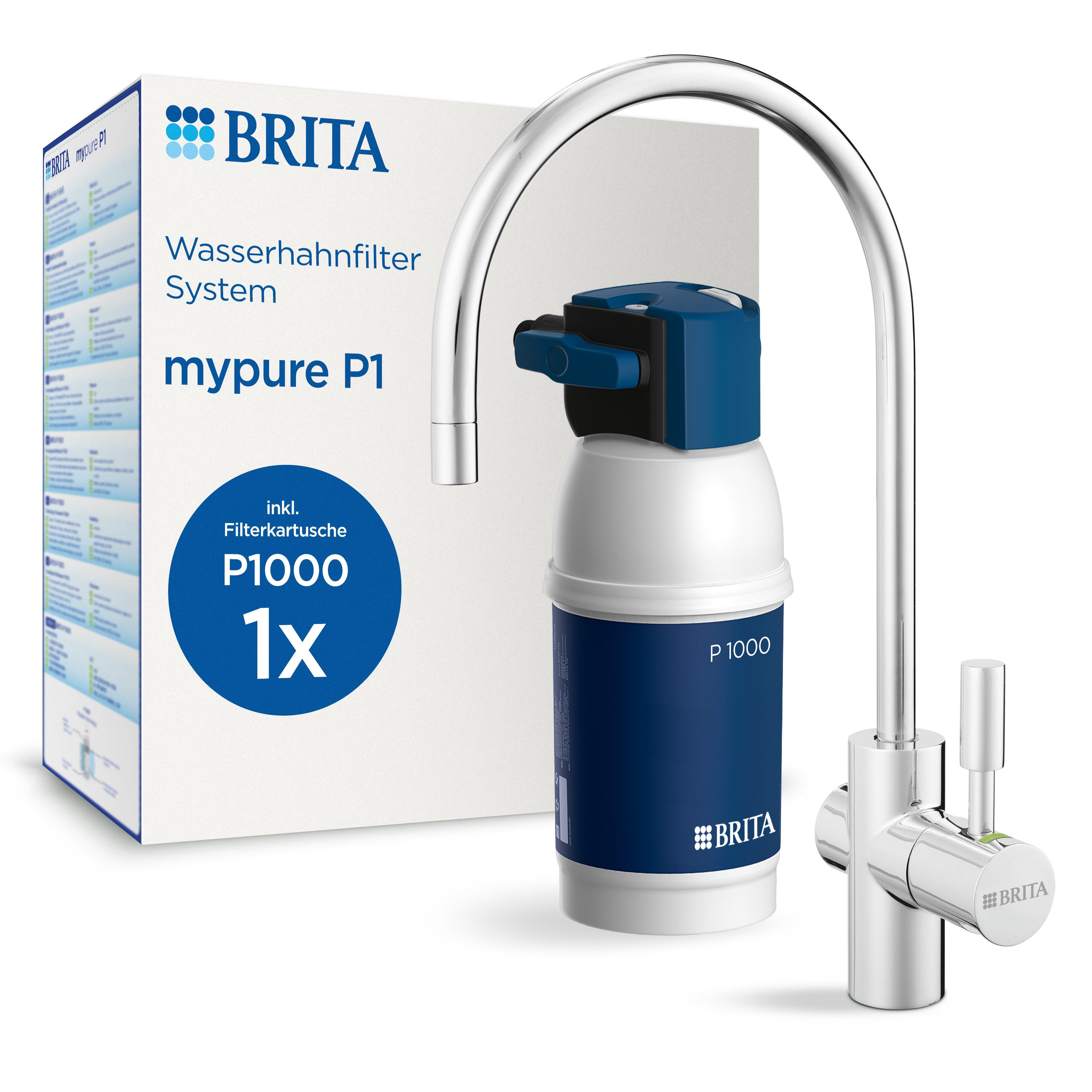 BRITA Küchenarmatur mypure P1 Wasserfilter-System inkl. Wasserhahn, 1x P1000 Filter (Armatur, Kartusche, Filterkopf, Halterung, Schläuche, Adapter, T-Stück) Armatur reduziert Kalk, Metalle, Chlor und geschmacksstörende Stoffe