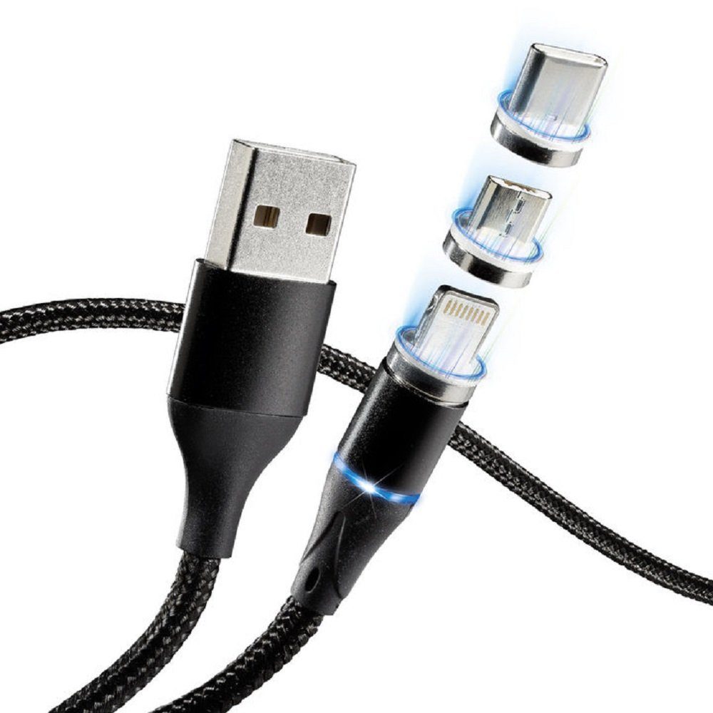 Kremer Magnetisches Lade & Datenkabel 3in1 Schnell-Ladekabel PD+QC 3.0 USB-C,  iPhone, Micro-USB schwarz Smartphone-Kabel