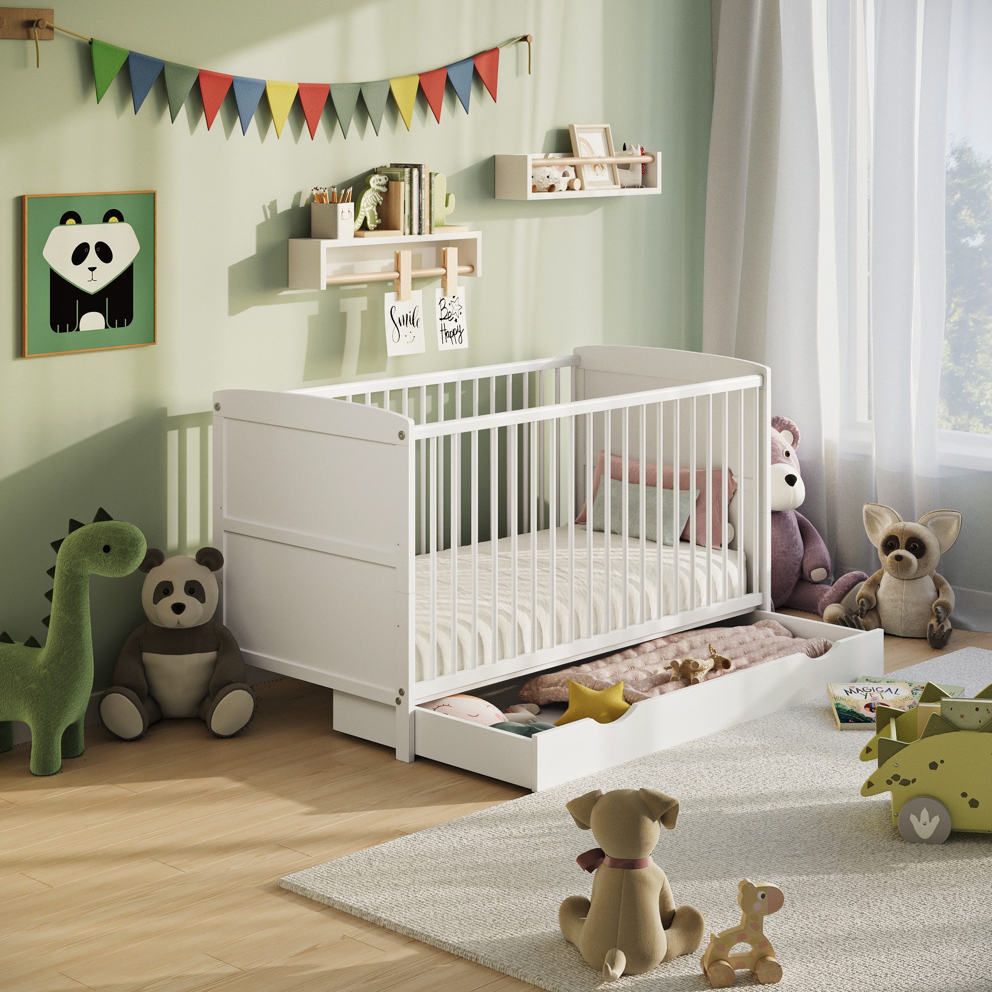 Kids Collective Babybett Kinderbett 60x120/70x140 cm umbaubar zu höhenverstellbares Lattenrost, 60x120 cm Weiß mit Schublade von Geburt bis 3. Lebensjahr