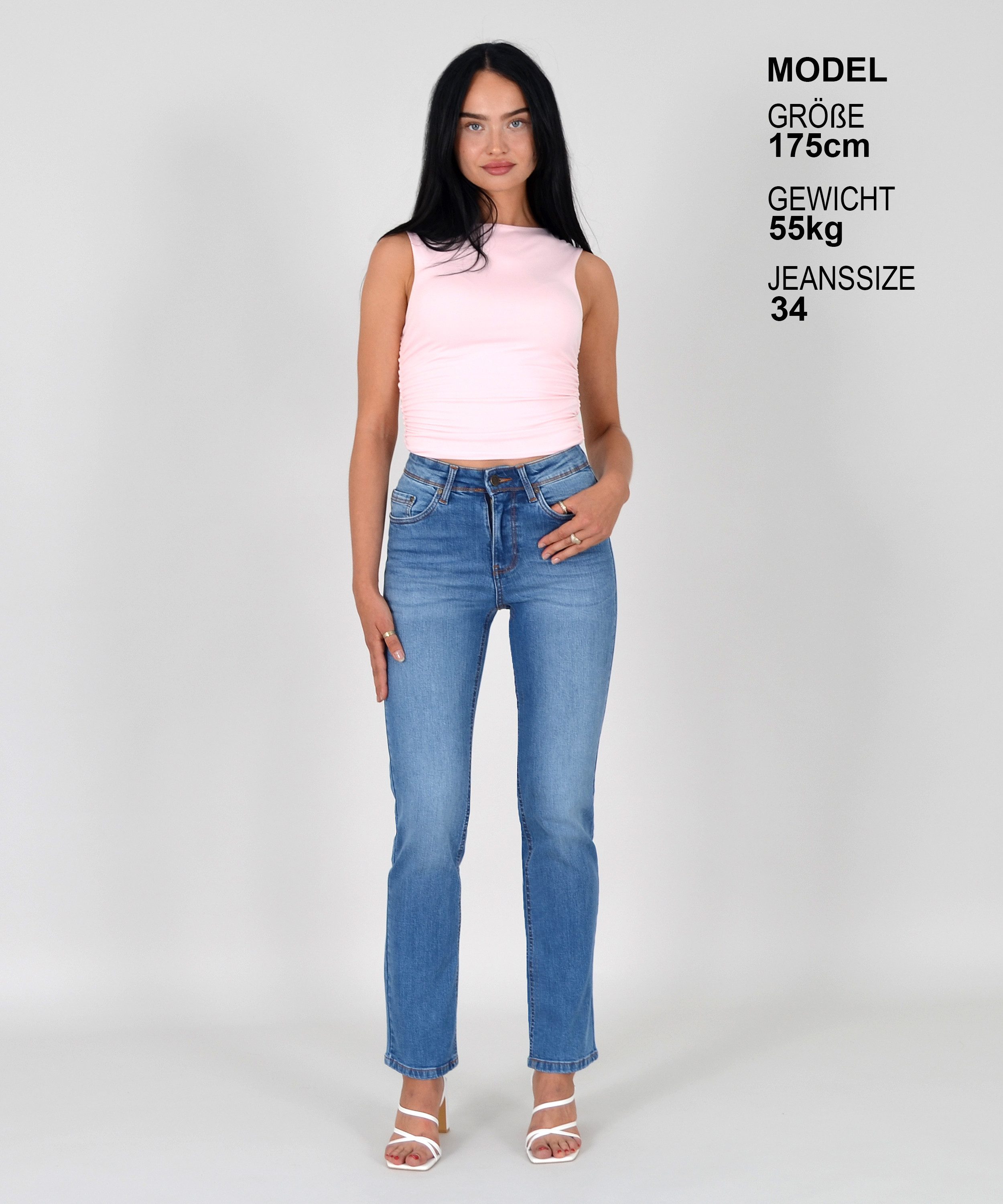 ESRA Straight-Jeans High Waist Straight Fit Jeans Damen Geradeschnitt Hose Straight High Waist Damen Jeans Straight Hose Gerade Schnitt Jeanshose Stretch