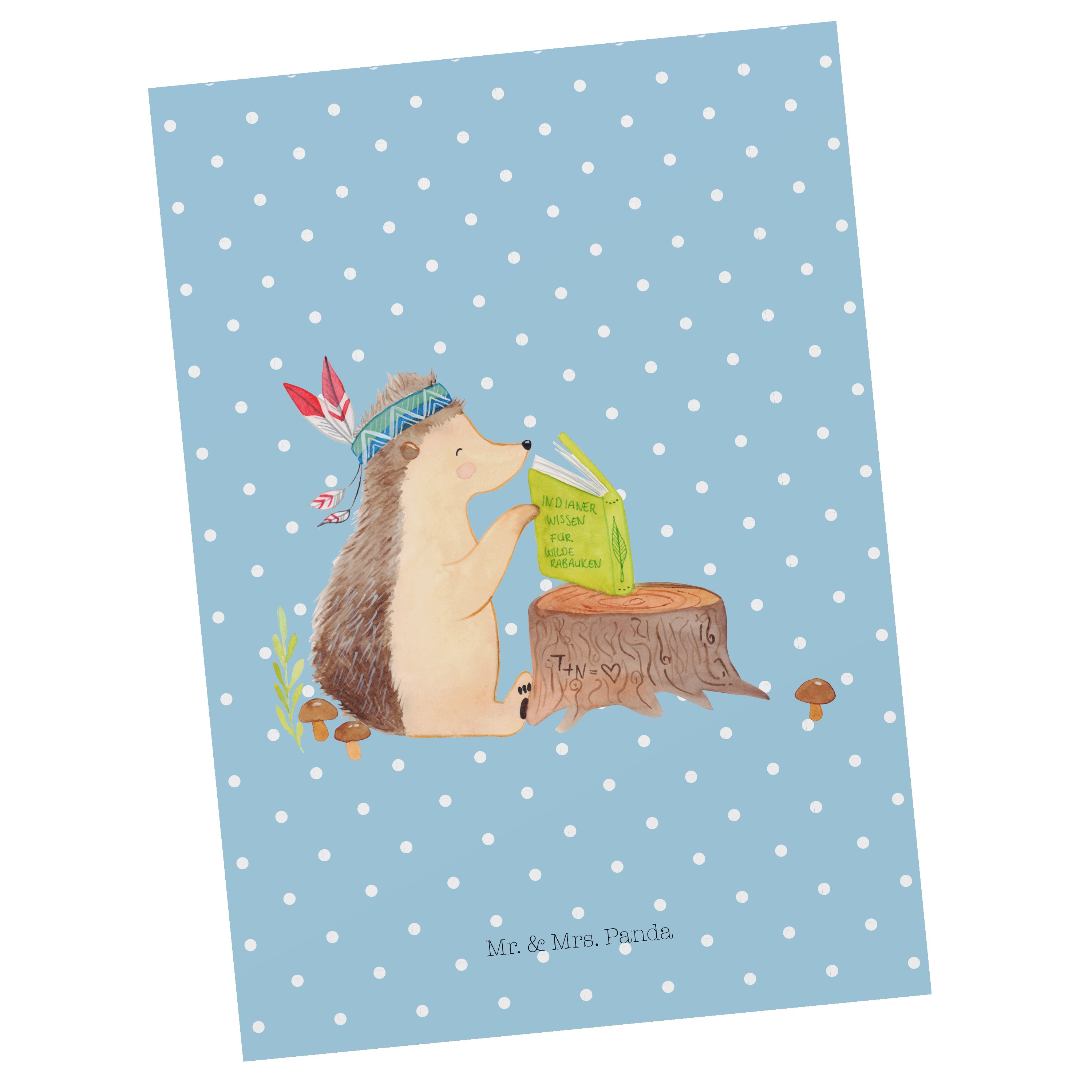 Mr. & Mrs. Panda Postkarte Igel mit Federkopfschmuck - Blau Pastell - Geschenk, Einladung, Gesch