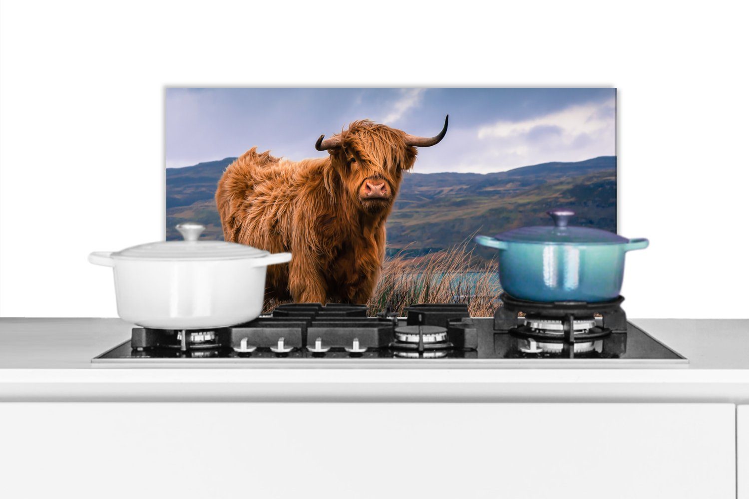 MuchoWow Küchenrückwand Schottischer Highlander - Berg - Wasser - Natur - Kuh, (1-tlg), 60x30 cm, Wandschutz, gegen Fett und Schmutzflecken für Küchen