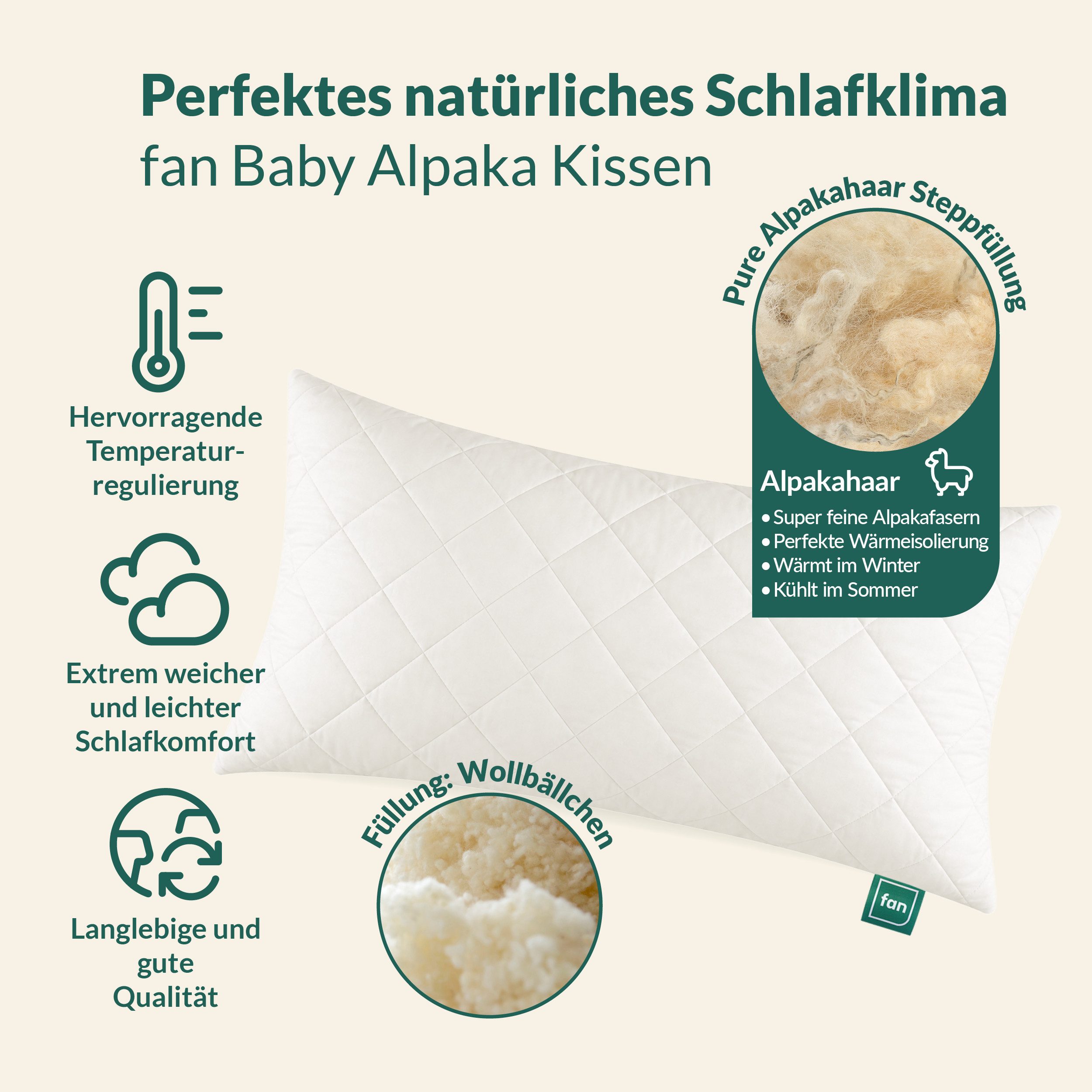 fan Naturhaarkissen Baby Alpaka, Füllung: Wolle, Bezug: Bio-Baumwollbezug, Alpaka-Steppfüllung "Vlies der Götter"