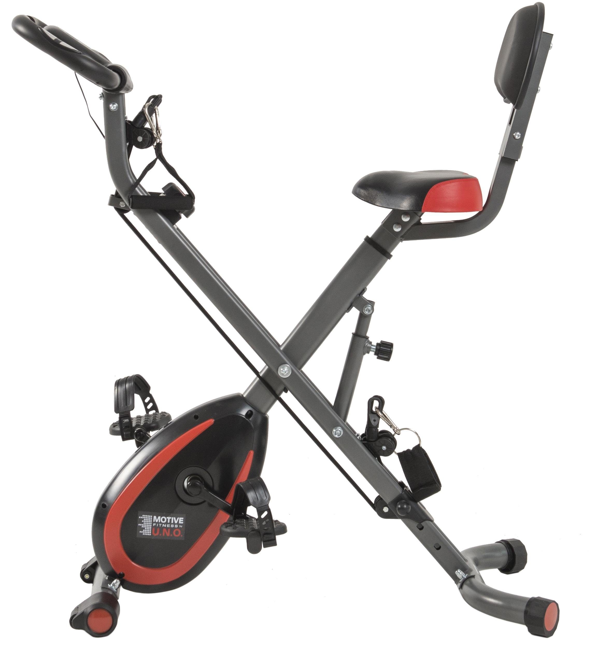 MOTIVE FITNESS by U.N.O. Heimtrainer Multi-Function X-BIKE (mit/ohne Unterlegmatte) (inkl. Seilzug für Arme und Beine), 120 kg max. Benutzergewicht, klappbar, Fahrrad, 8 Widerstandsstufen