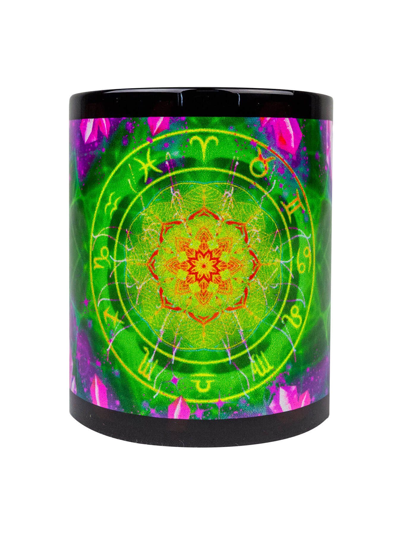 PSYWORK Tasse Fluo Cup Neon Motiv Tasse "Zodiac Signs Green", Keramik, UV-aktiv, leuchtet unter Schwarzlicht