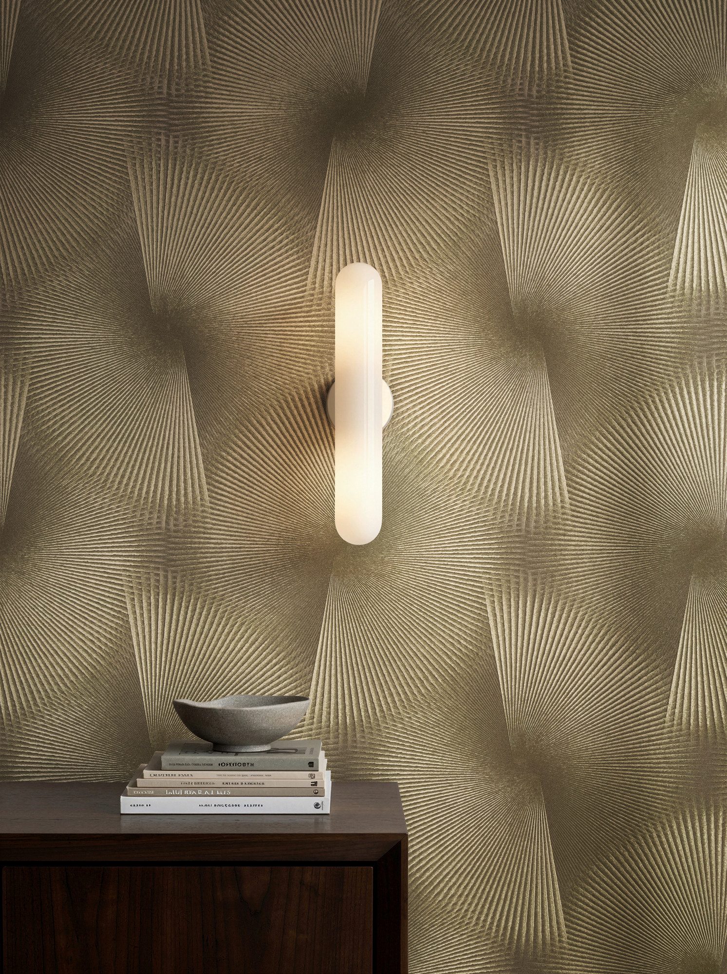 A.S. Création Vliestapete Trend Spectrum Fan – Glamouröse 3D-Fächeroptik Vliestapete, strukturiert, 3D-Optik, glänzend, geometrisch, (1 St), Grafisches Fächermotiv mit räumlicher Wirkung und edlem Glanz