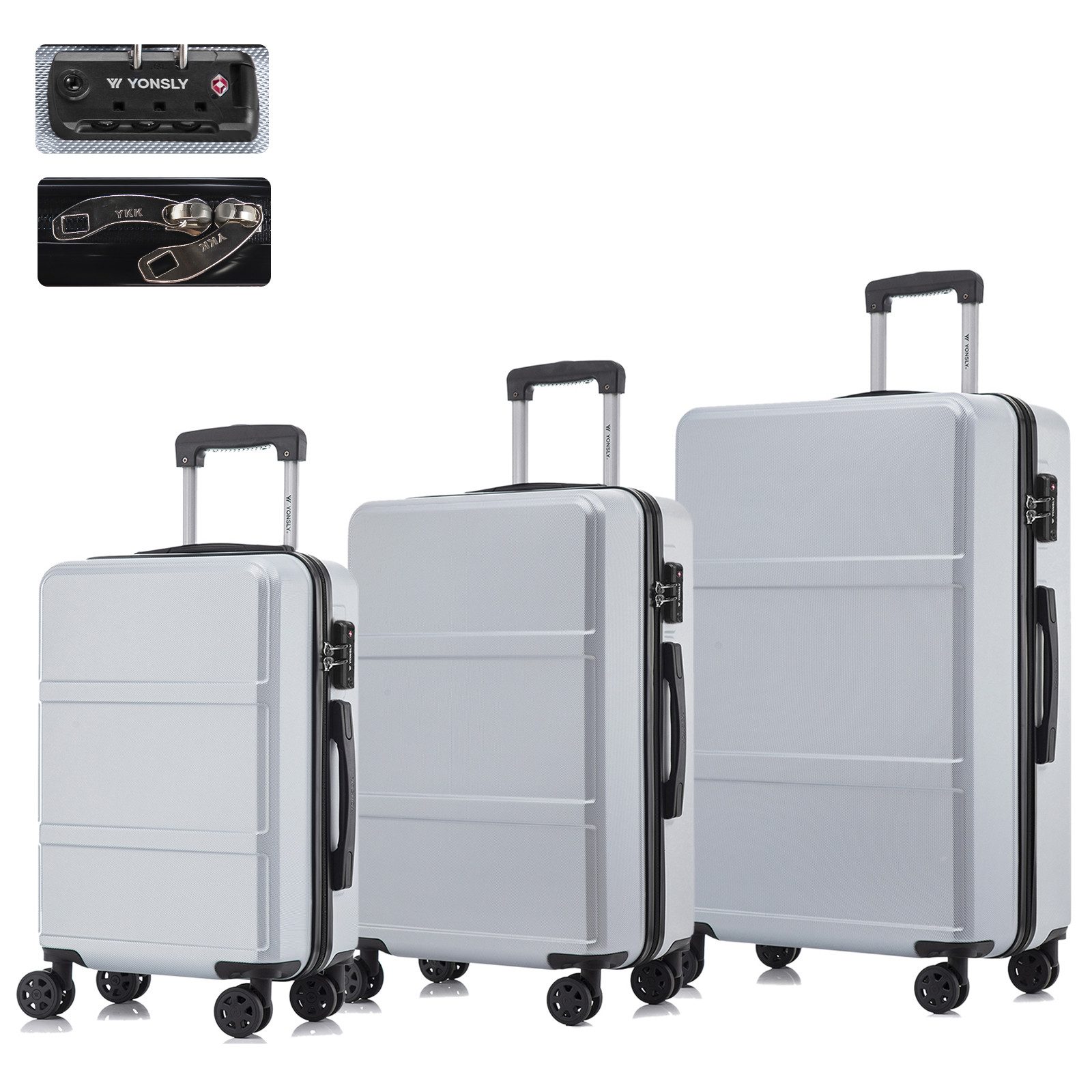 YONSLY Kofferset Reisekoffer Trolley Gepäckset für Urlaubs- und Geschäftsreisen, 4 Rollen, (Hartschalen-Trolley-Set, 3 tlg., M-L-XL-Set), mit TSA-Schloss, YKK-Reißverschluss und austauschbaren Teilen