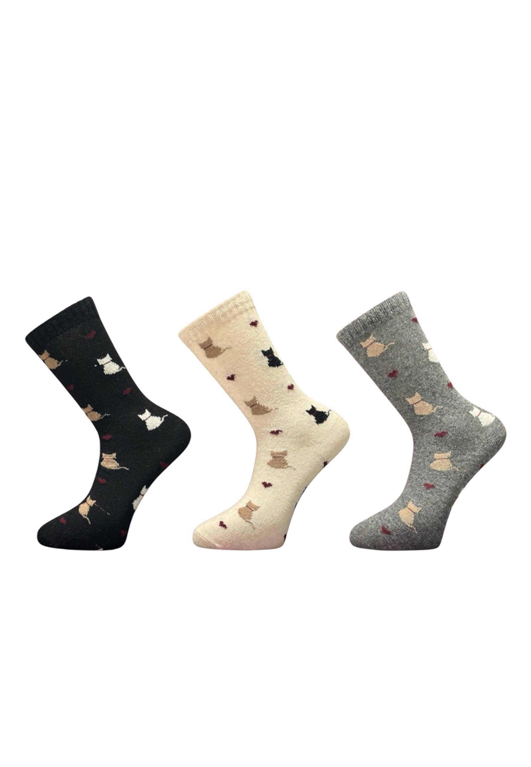 Socken Damen Wollsocken mit Katzenmotiv im 3er Pack