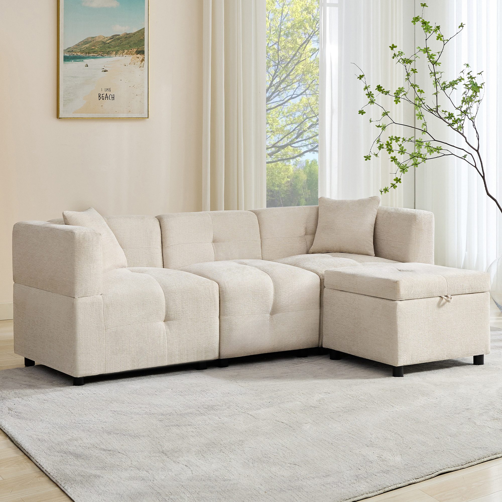 Merax 3-Sitzer Sofa Ecksofa mit abnehmbarem Fußhocker mit Stauraum, 204*126*69cm 1 Teile, L-förmiges Sofa aus Chenille,Modulares Couch mit Rückenlehne, 2 Kissen – Bild 4 von 5