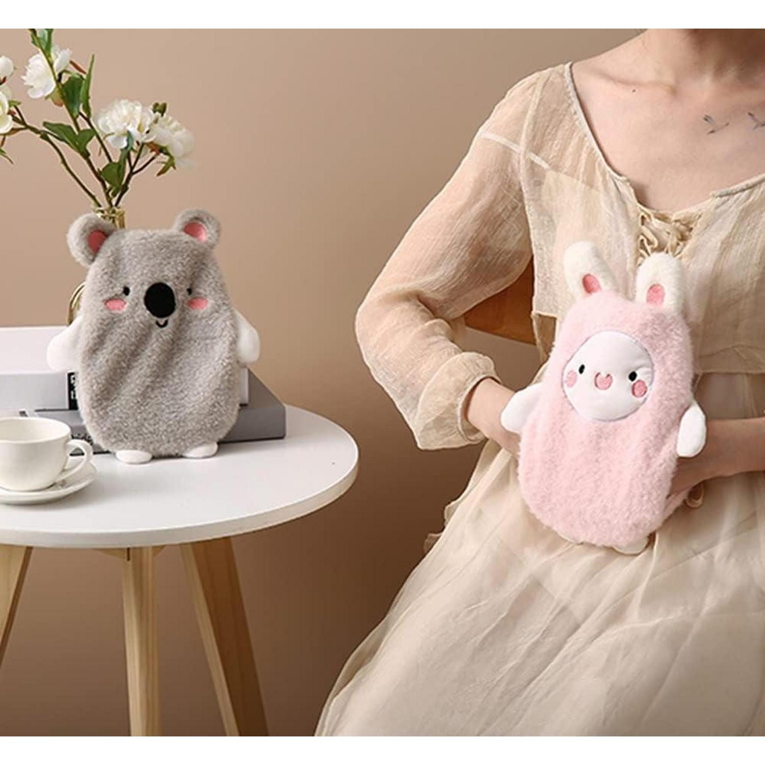 ROIMOE Wärmflasche Wärmflasche 0.5 Liter Abnehmbarer Bezug Kinder Hase-Rosa Warmflasche