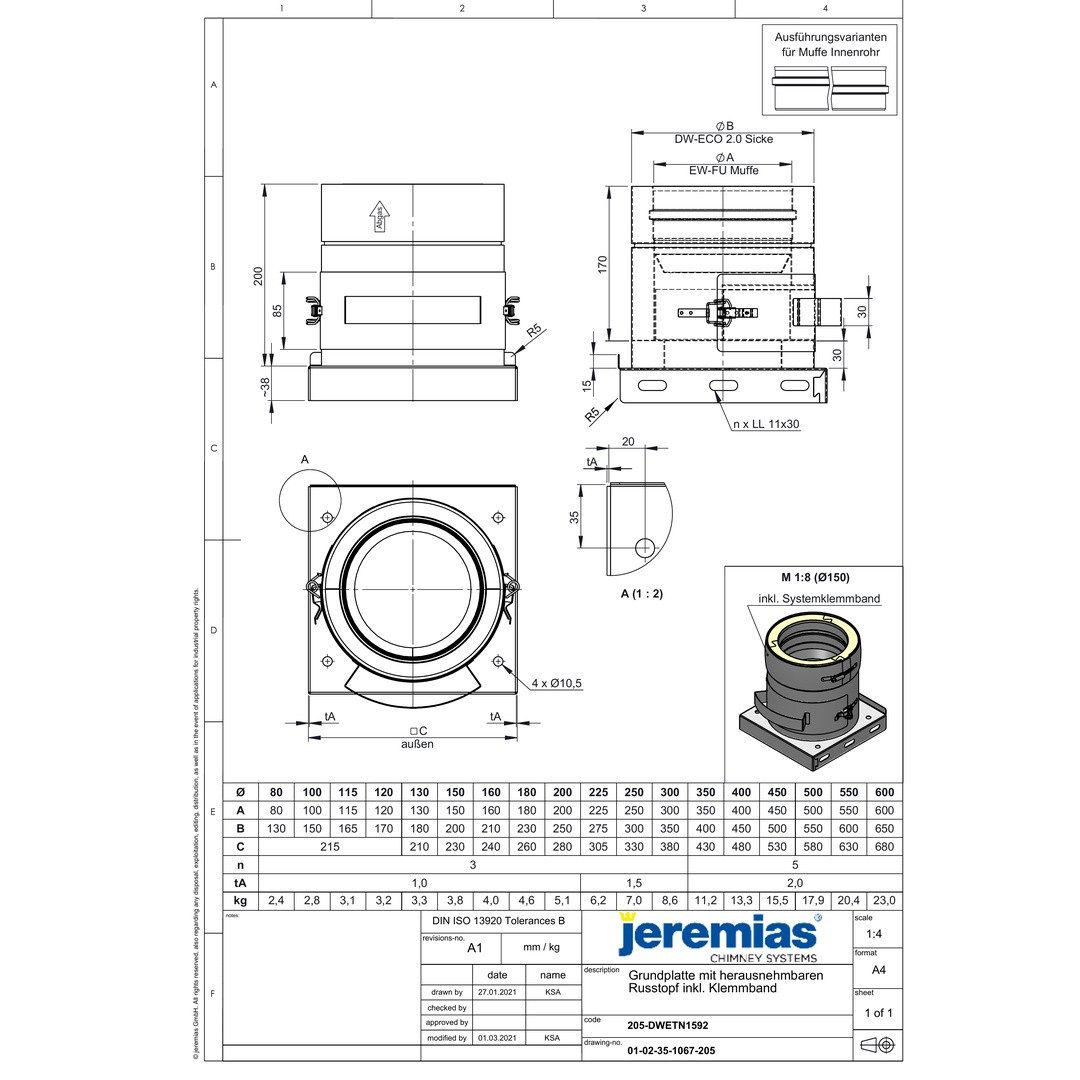 Jeremias Schornstein DW-ECO 2.0 Ø 300 mm - Grundplatte mit herausnehmbaren Rußtopf, Ø 130300 mm