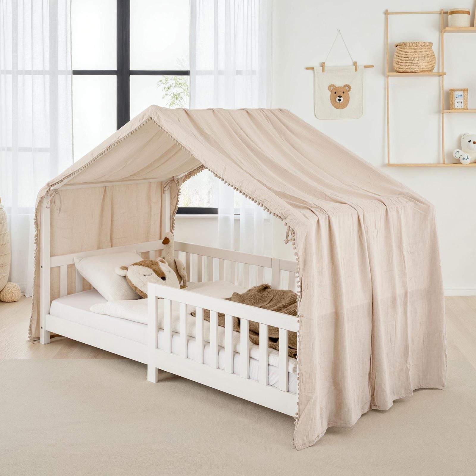 IDIMEX Betthimmel LIAN, Betthimmel Kinder aus Musselin mit Pompons Beige