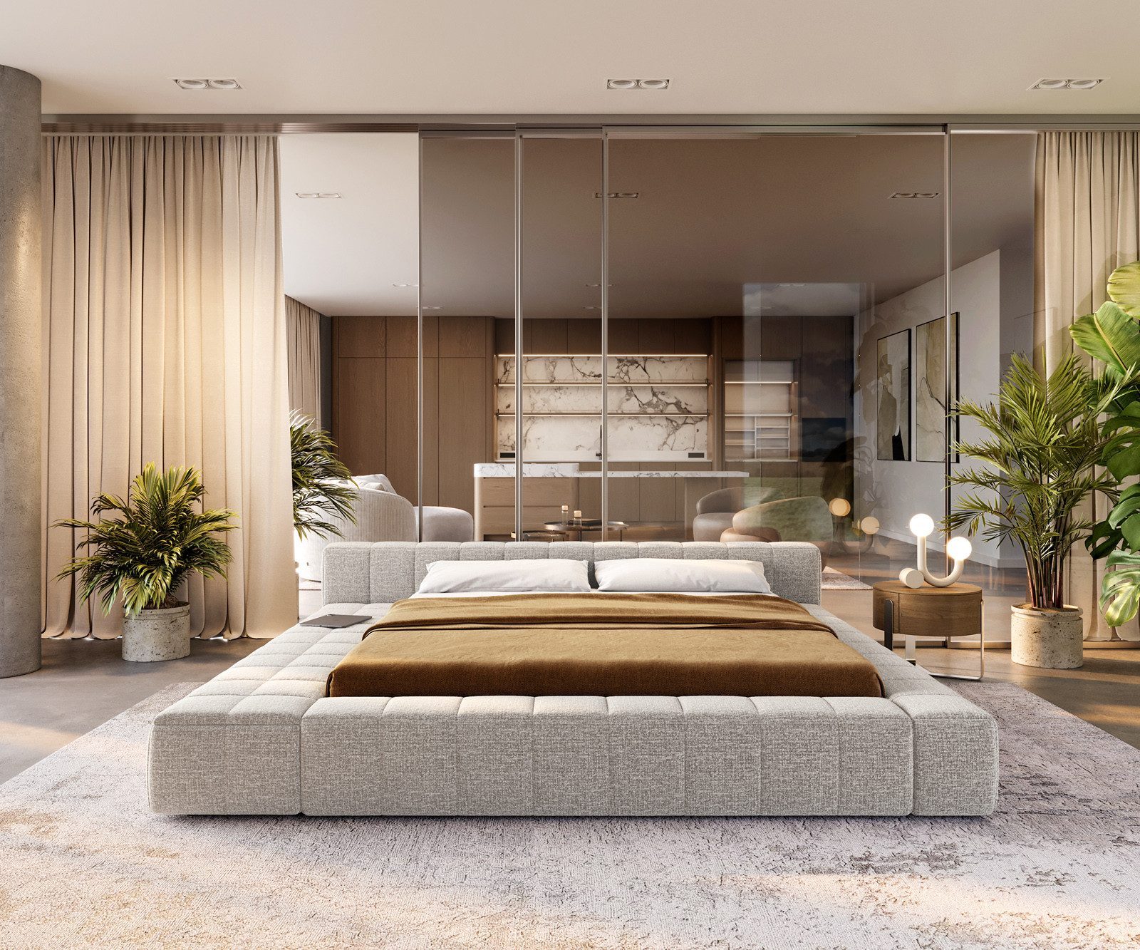 DELIFE Polsterbett Espazio, Webstoff Soft Beige 180x200 cm mit Stauraum