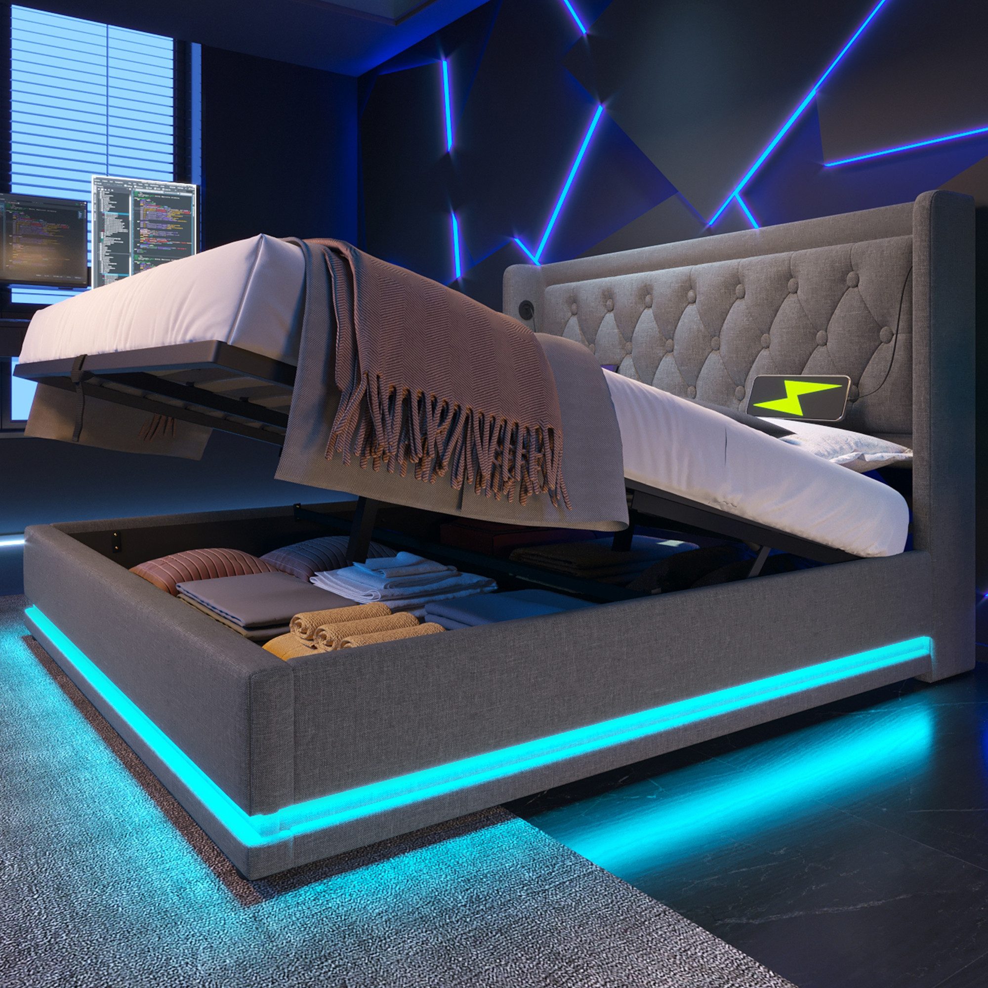 Flieks Polsterbett, LED Hydraulisches Stauraumbett Doppelbett 160x200cm mit günstig online kaufen