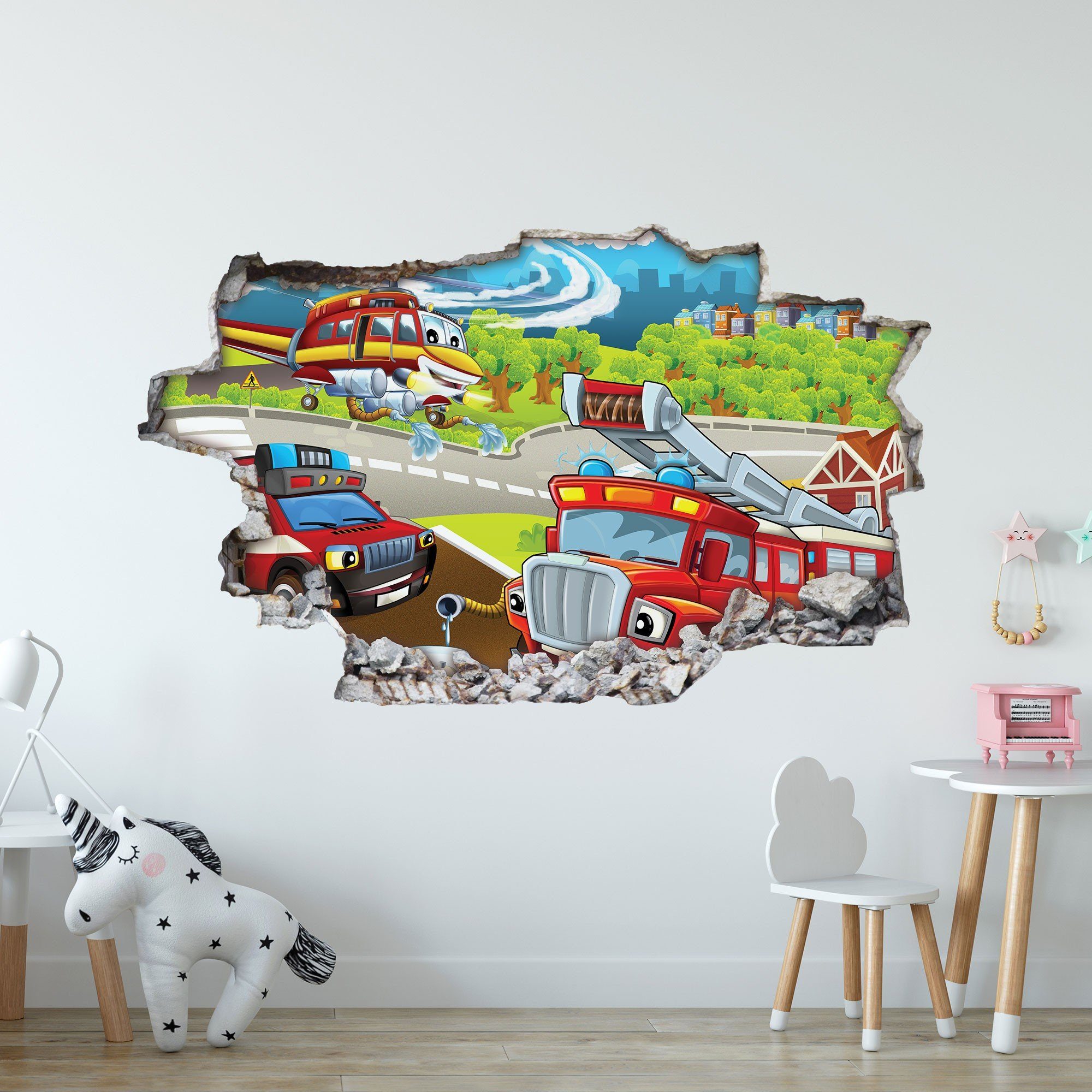 GRAVURZEILE Wandtattoo im Feuerwehr Design - Kinderzimmer -Wandsticker Wandaufkleber - (3D Wanddurchbruch & Deko, - Размер 115 x 70 cm), - V1