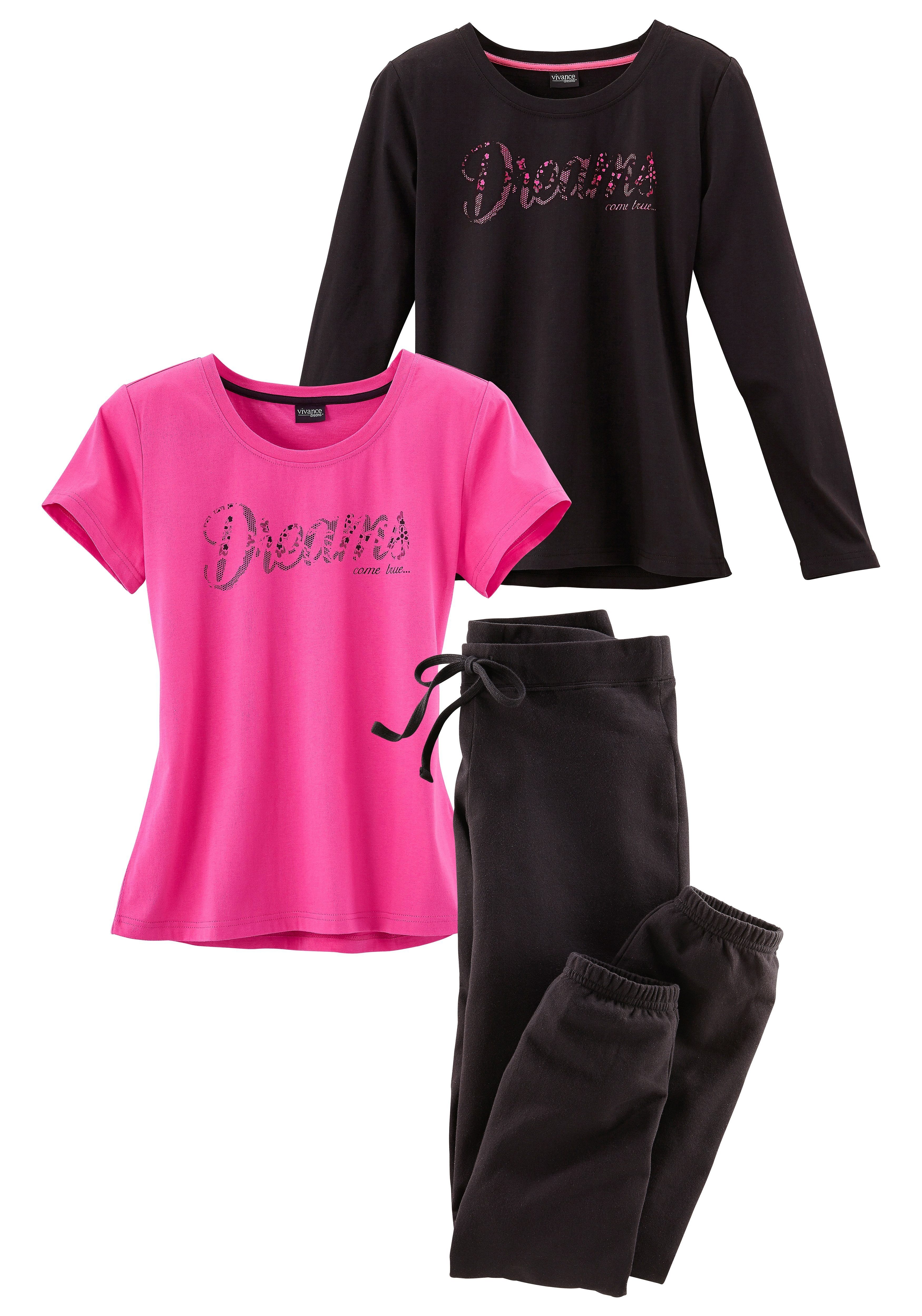 Dreams Frontschriftzug Pyjama 3 Vivance tlg) mit (Set, pink-schwarz