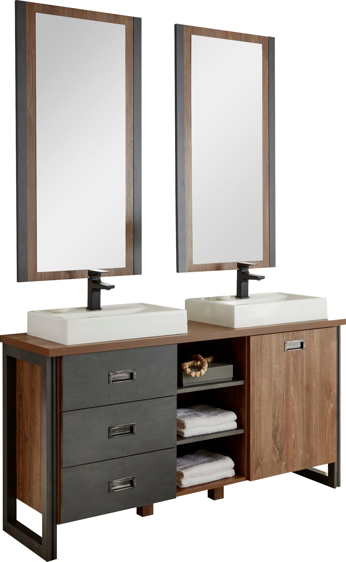 Home affaire Badmöbel-Set Detroit, Bad im Industrialdesign, 2-teiliges Badezimmer, (Set, 3-St), Waschtisch und Spiegel, inkl. zwei Aufsatzwaschbecken aus Mineralguss