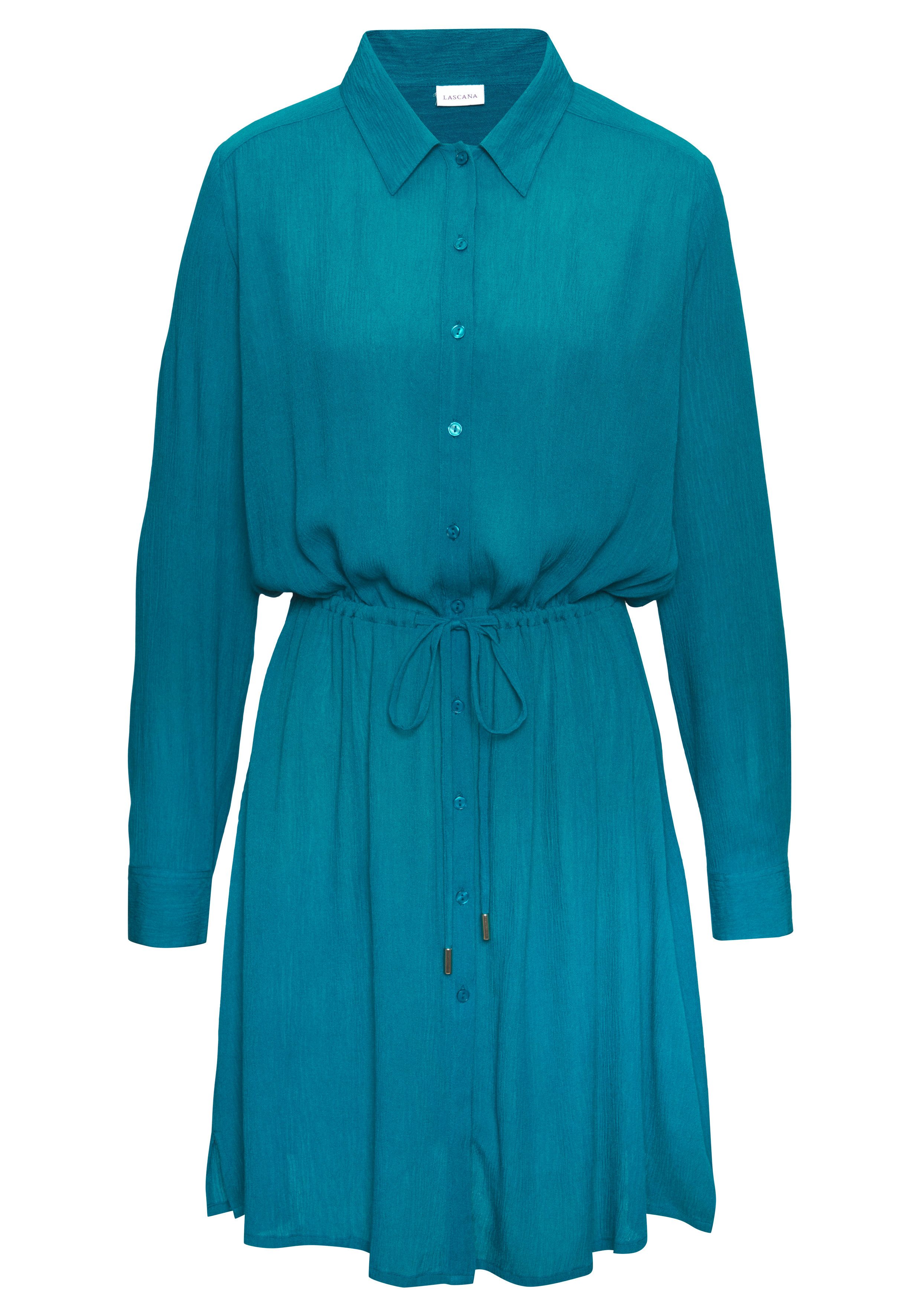 LASCANA Strandkleid in leichter Crepe-Qualität mit variablem Tunnelzug in der Taille kurzes Hemdblusenkleid, Sommerkleid, Longbluse mit langen Ärmeln. € 49,99