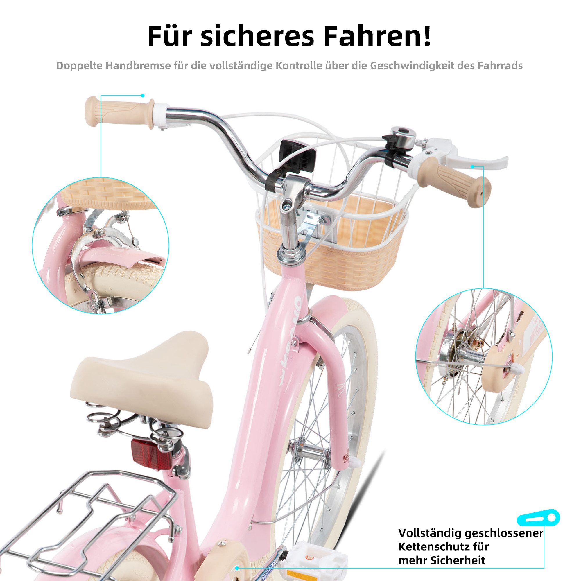 JOYSTAR Kinderfahrrad 16/20 Zoll Fahrräder für Mädchen Geeignet 4-10 Jahren, mit Korb, Kotflügel, Kettenschutz, Gepäckträger und Stützrädern