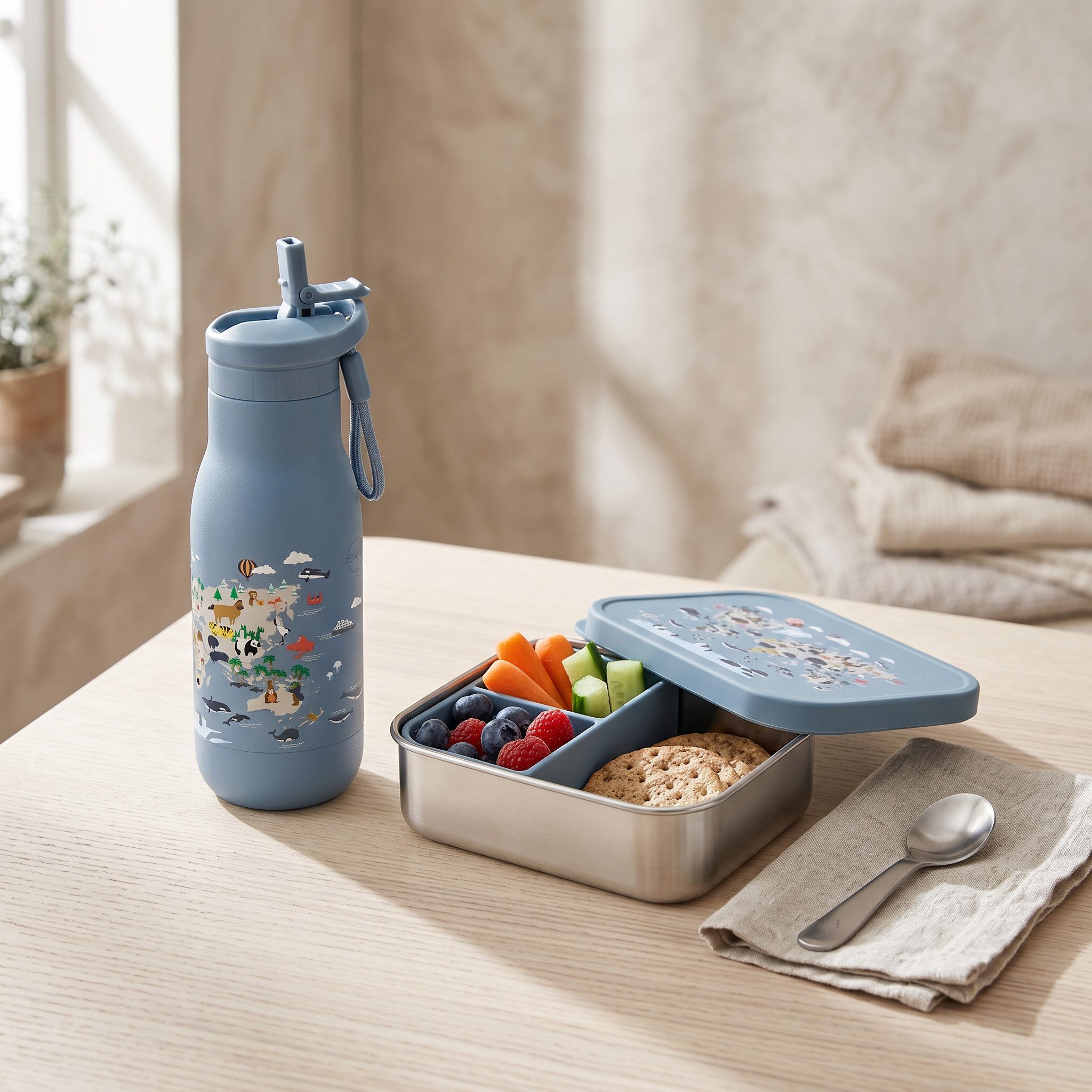 JENARD Lunchbox Set Brotdose & Trinkflasche Edelstahl – Weltkarte mit Tiere Blau, Edelstahl, PP, (2-tlg., 2-teilig, Brotdose und Trinkflasche), BPA-frei, kindgerecht, robust, langlebig, lebensmittelecht