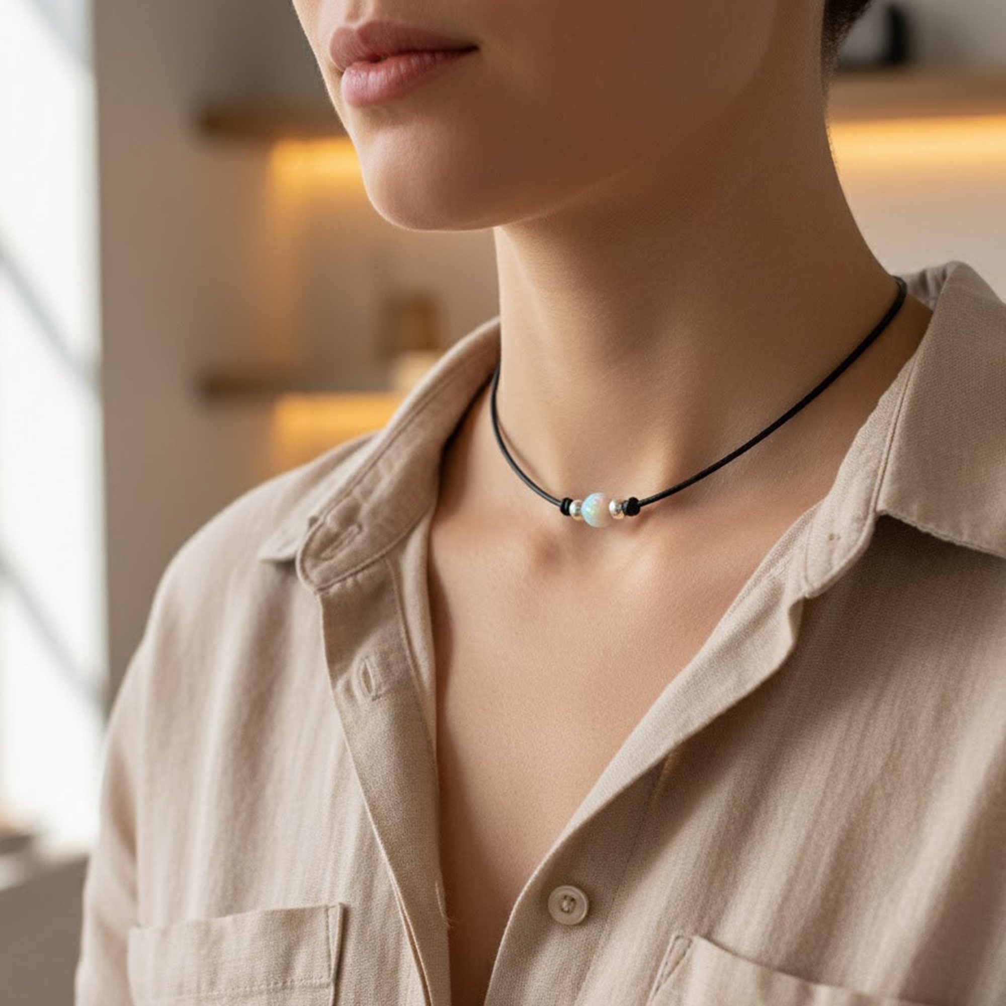 Edellis Kette mit Anhänger Anhänger Set Weißer Opal 8 mm mit Ziegenleder Ke günstig online kaufen