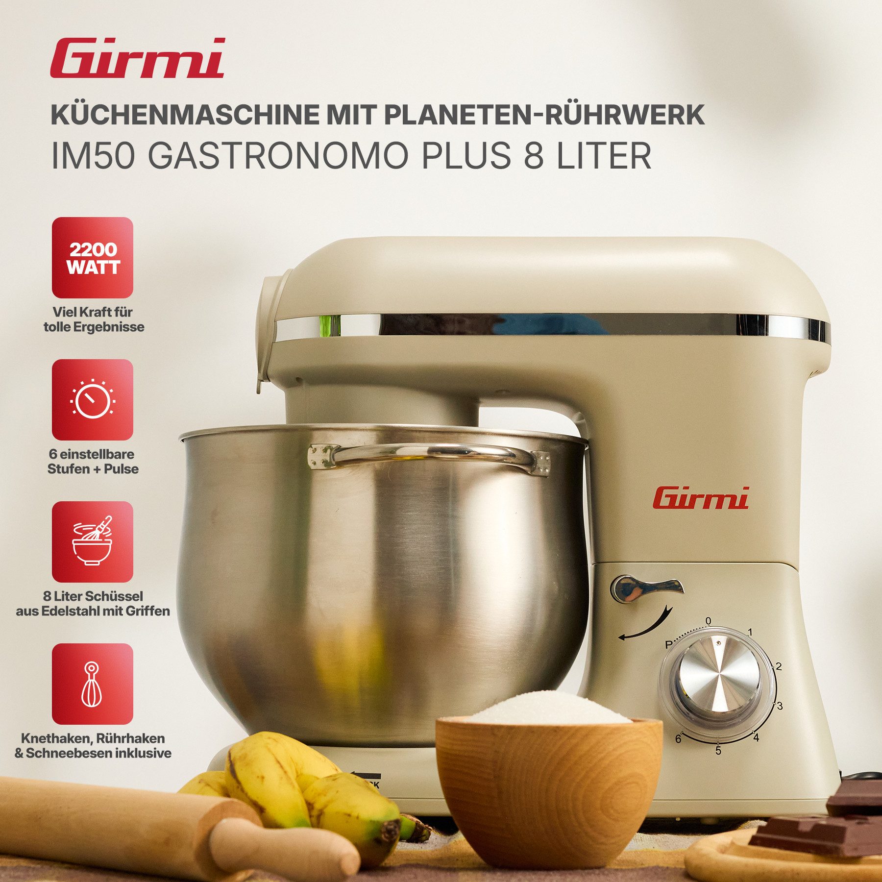 Girmi Küchenmaschine IM5001 Gastronomo Plus IM50, Planetenrührwerk, 2200 W, 8 l Schüssel, 8 l Edelstahl-Schüssel, 6 Stufen, Pulse, bis 3 kg Teig, Zubehör