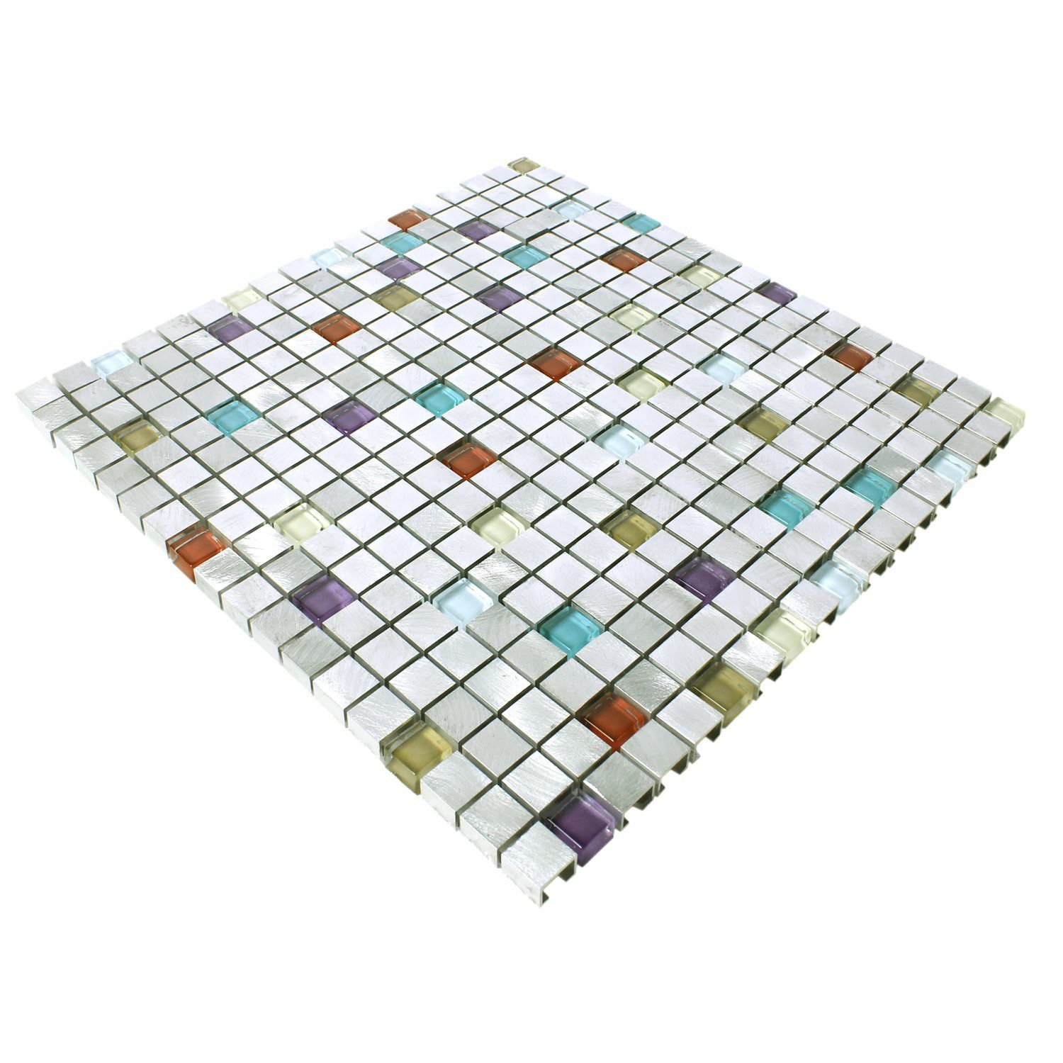 Mosafil Mosaikfliesen Mosaikfliesen Lissabon Aluminium Glas Mix, Glas-Aluminium 30.000x30.000, rot-beige-braun-silber-blau-lila-bunt, Verlegefertig auf ein Netz geklebt - Wasserfest