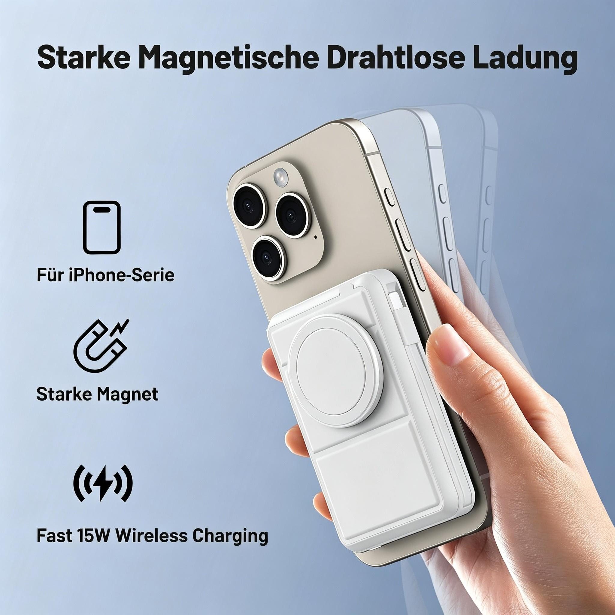 AIBISTAR 10000mAh Magnetisch MagSafe Powerbank mit 2 Kabel Klappständer LED Powerbank Magnet-Powerbank 10000 mAh, Magnetisches Wireless Charging,Kompatibel mit  – Bild 2 von 5