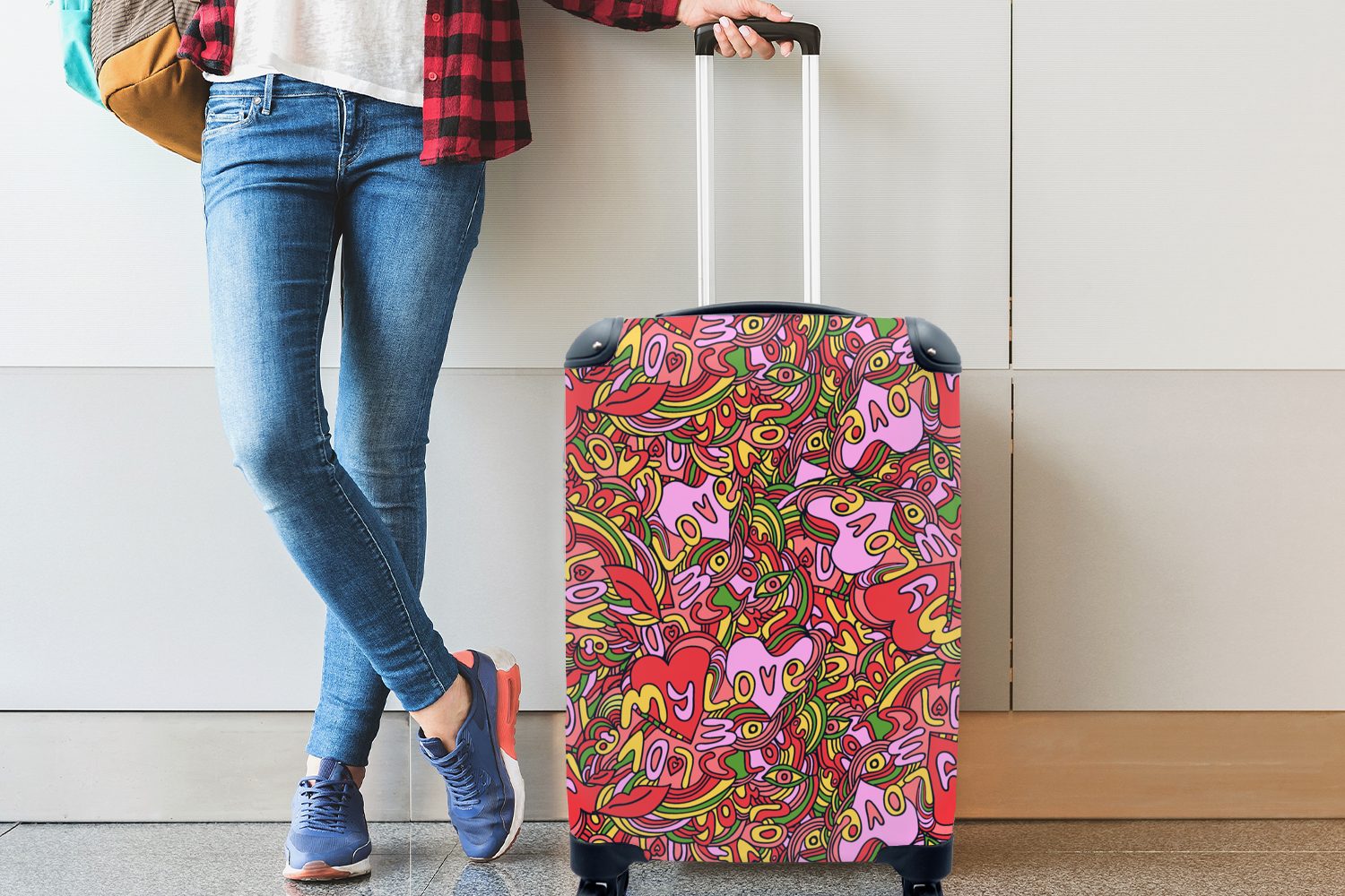 MuchoWow Handgepäckkoffer Trolley, Reisekoffer Design - Handgepäck Reisetasche für - 4 rollen, mit Ferien, Herz Rollen, Valentinstag