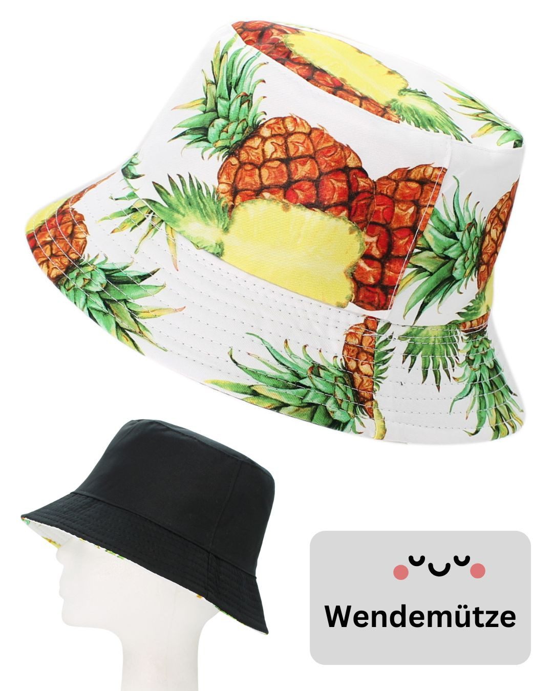 dy_mode Fischerhut Wendemütze mit Ananas-Print – 2-in-1 Bucket Hat für Damen & Herren beidseitig tragbar