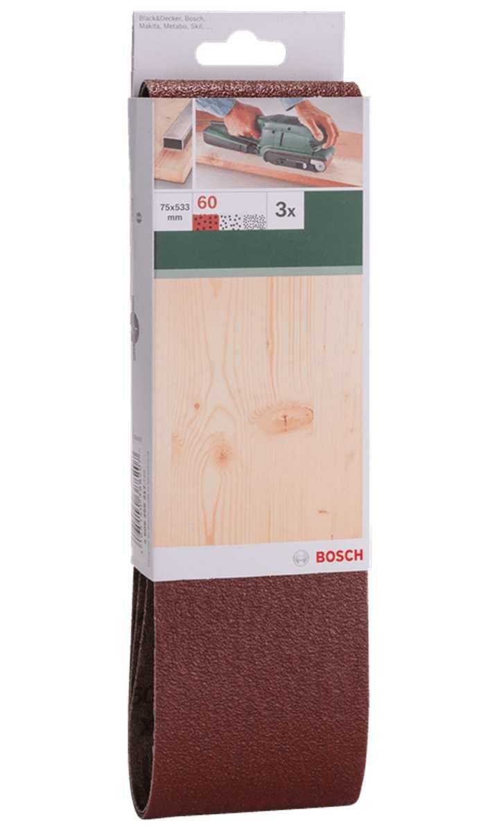 BOSCH Bohrfutter Bosch Schleifband 3 Stück, 75 x 533 mm Körnung 60 für Bandschleifer