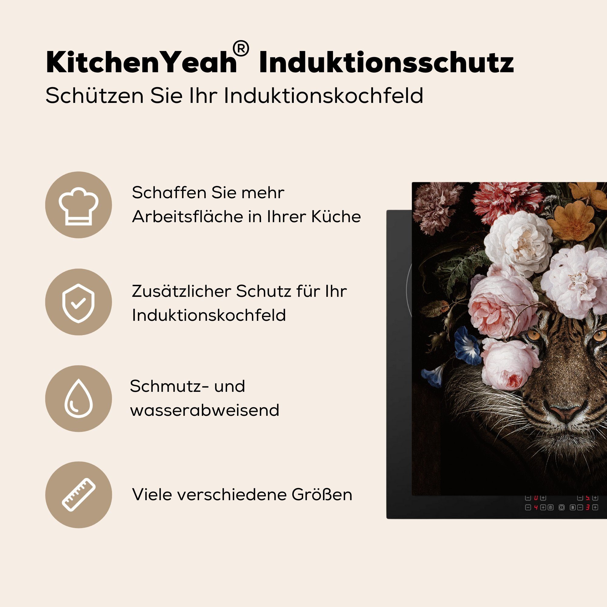 Tiger (1 tlg), Arbeitsplatte Vinyl, - 78x78 - küche Ceranfeldabdeckung, für Herdblende-/Abdeckplatte MuchoWow cm, Kunst, Blumen
