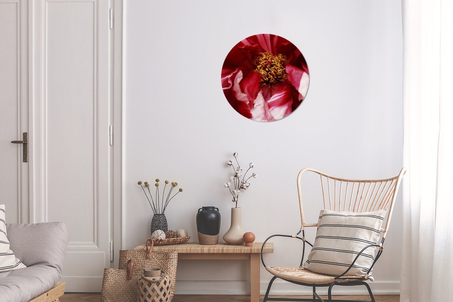 verblühte Wanddekoration cm Rundes Gemälde Forex, (1 Wohnzimmer, Pfingstrose, St), Wandbild, Eine MuchoWow 30x30 Kreis rote