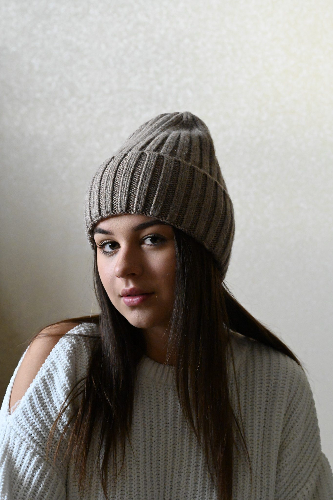Runde Perlé Beanie Beanie warme Wintermütze 100% Merinowolle braun Beanie aus reiner, extrafeiner Merinowolle mit Umschlag