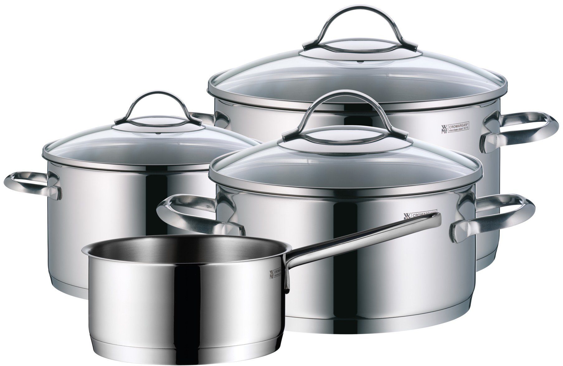 WMF Topf-Set Provence Plus 4-teilig, Induktions Töpfe Set mit Glasdeckel, Cromargan® Edelstahl Rostfrei 18/10 (Set, 7-tlg., Bratentopf Ø 20 cm, Fleischtopf Ø 16/24 cm, Stielkasserolle Ø 16 cm), unbeschichtet, für alle Herdarten geeignet, ohne Innenskalierung
