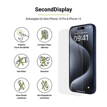 Artwizz SecondDisplay, Displayschutz aus Sicherheitsglas mit 9H Schutzgrad für iPhone 15, iPhone 15 Pro, Displayschutzglas, Hartglas