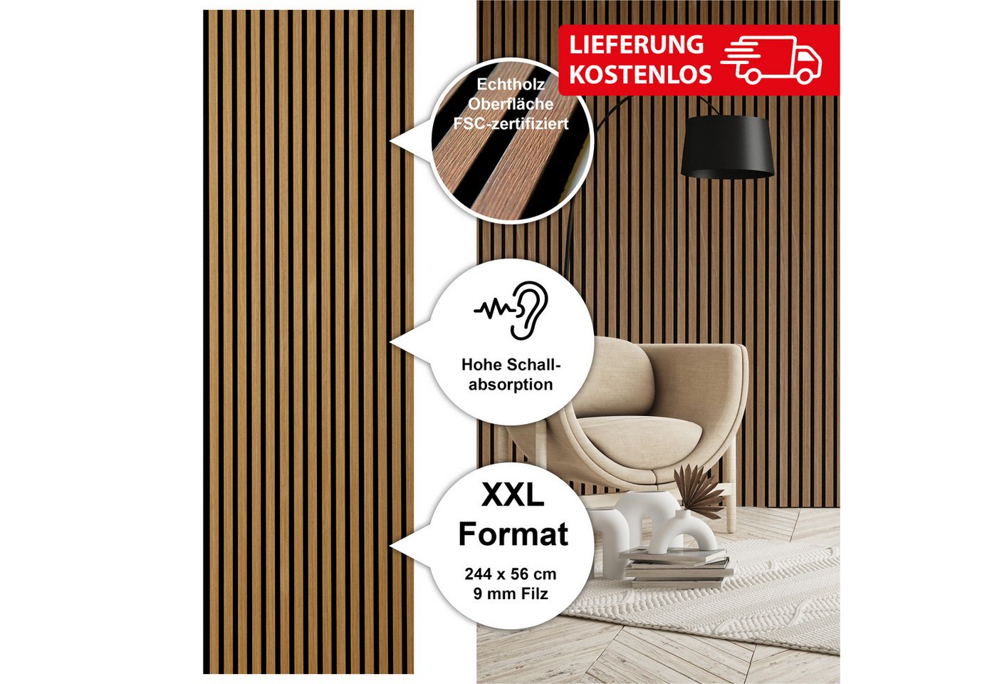 Thumbnail - SONIDO 3D Wandpaneel XXL Akustikpaneele mit FSC®-zertifiziertem Eiche Echtholzfurnier, BxL: 56,00x244,00 cm, 1,36 qm, (P...