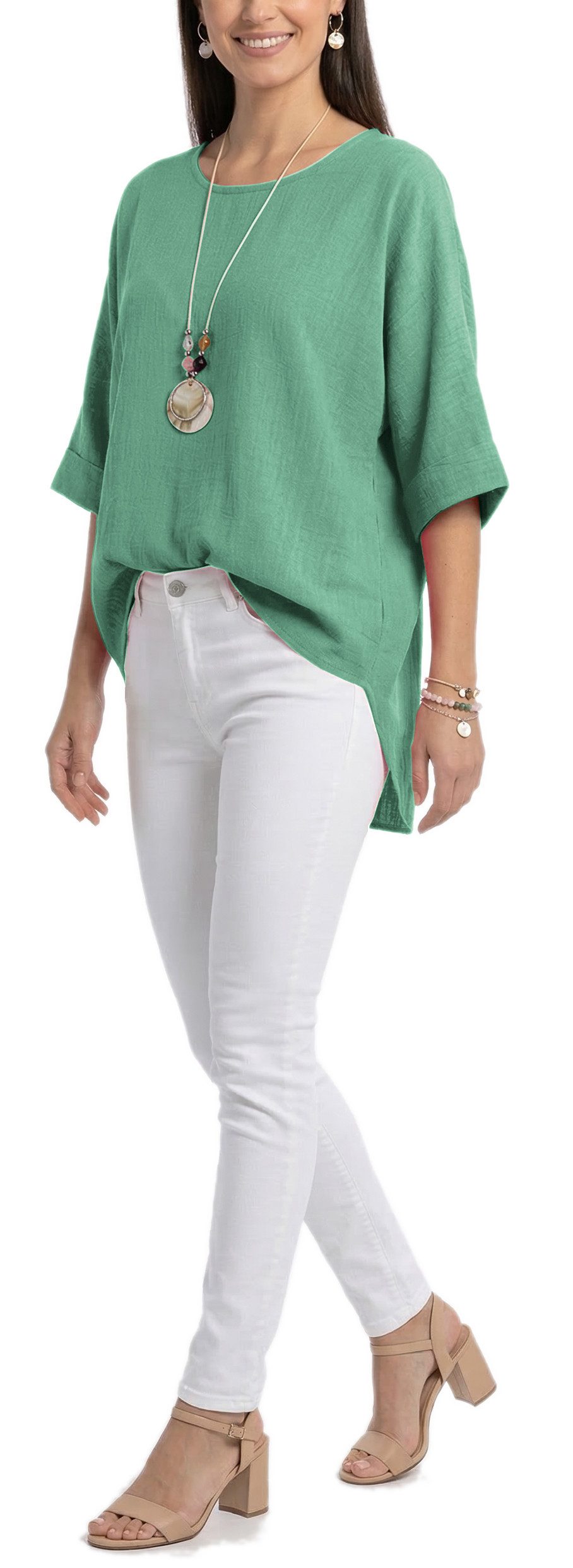 dy_mode Kurzarmbluse Damen Bluse Oversize Tunika Leichte Viskosebluse Oberteil Einfarbig in Unifarbe, High-Low Saum, mit passende Kette