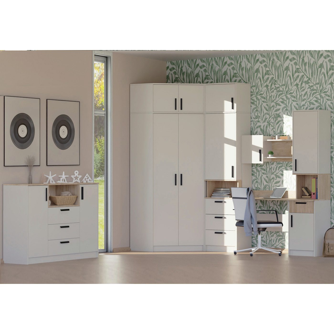 Marmex Möbel Jugendzimmer-Set GRANT SET 25 C Kinderzimmer-Set, (Kommode, Eckschrank+Schrankaufsatz, Regal+Schrankaufsatz, Schreibtisch), Soft-Close-Scharniere