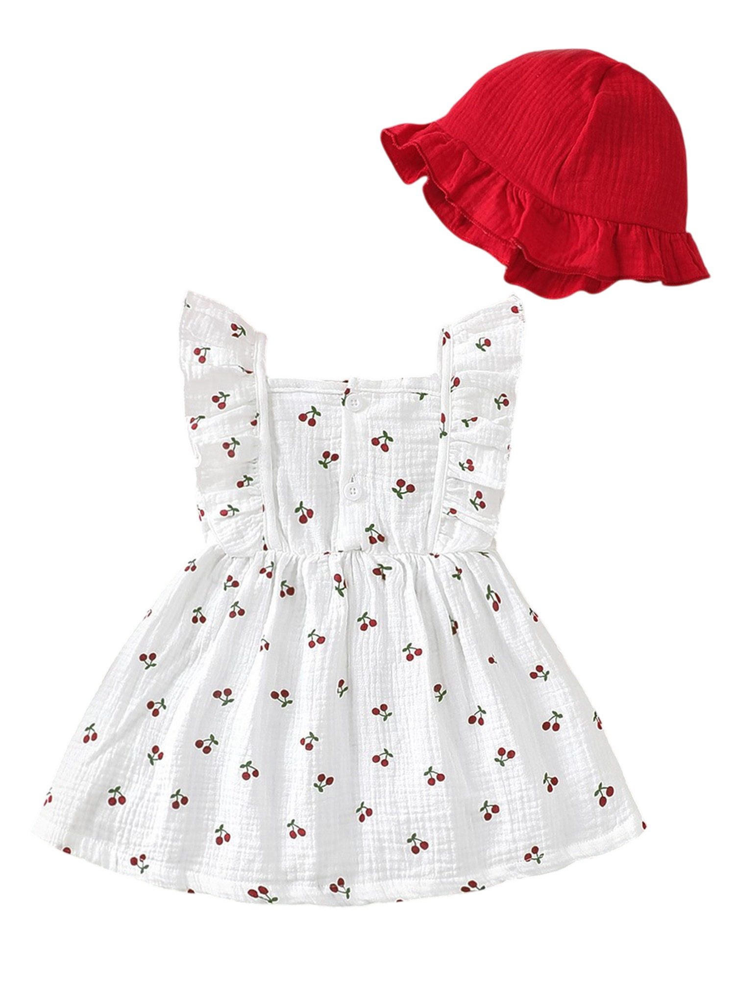 Lapastyle Druckkleid Baby Mädchen Kleidung, ärmelloses Rüschenkleid und Hut, 100% Baumwolle (Set, 2-tlg) Süßes A-Linien Kleid mit Herzmuster/Kirschmuster, für Freizeit, Partys