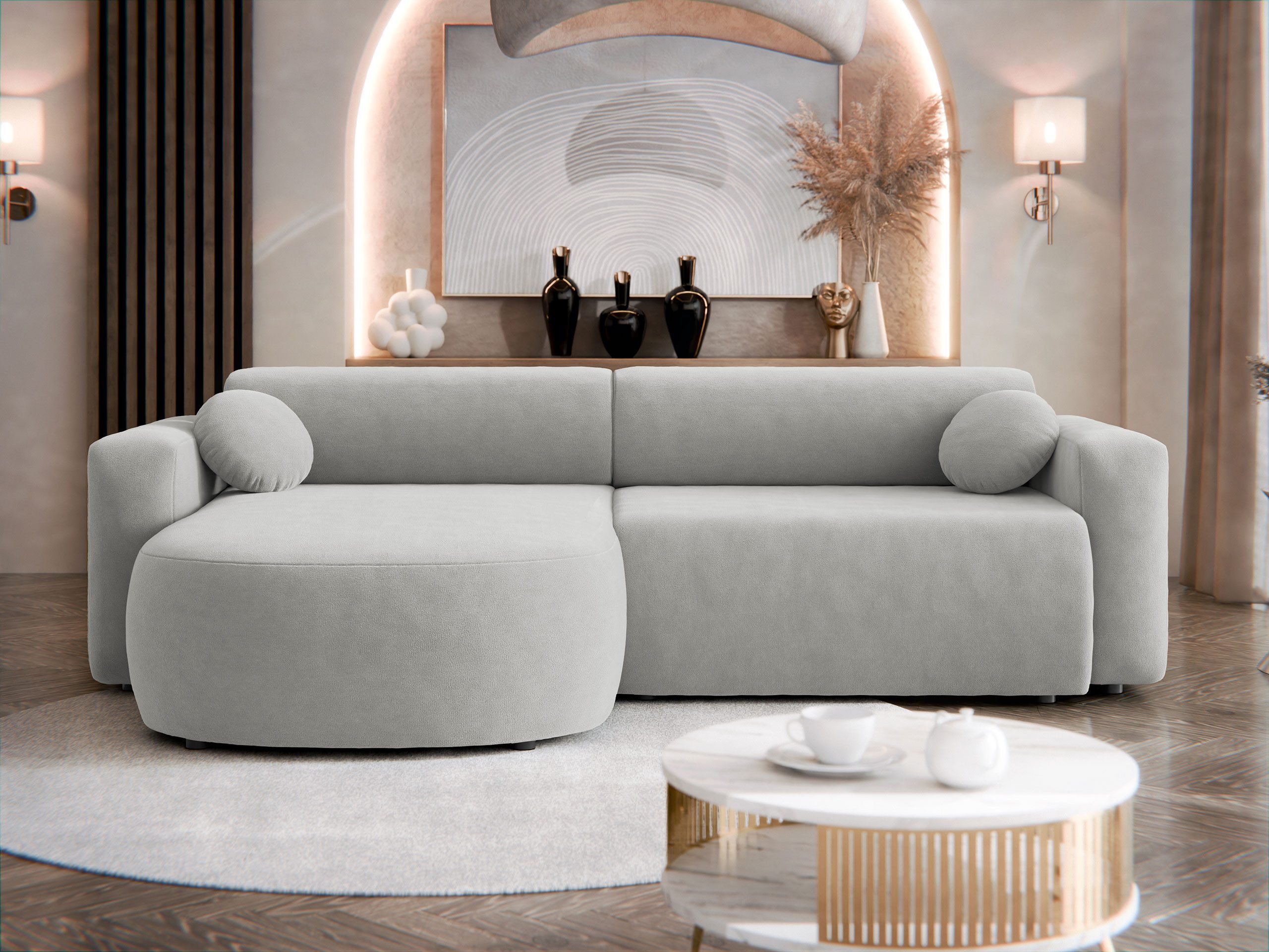 MIRJAN24 Ecksofa Nicelo, mit Schlaffunktion und Bettkasten, Dekorative Kissen-Set, 252x150x70 cm