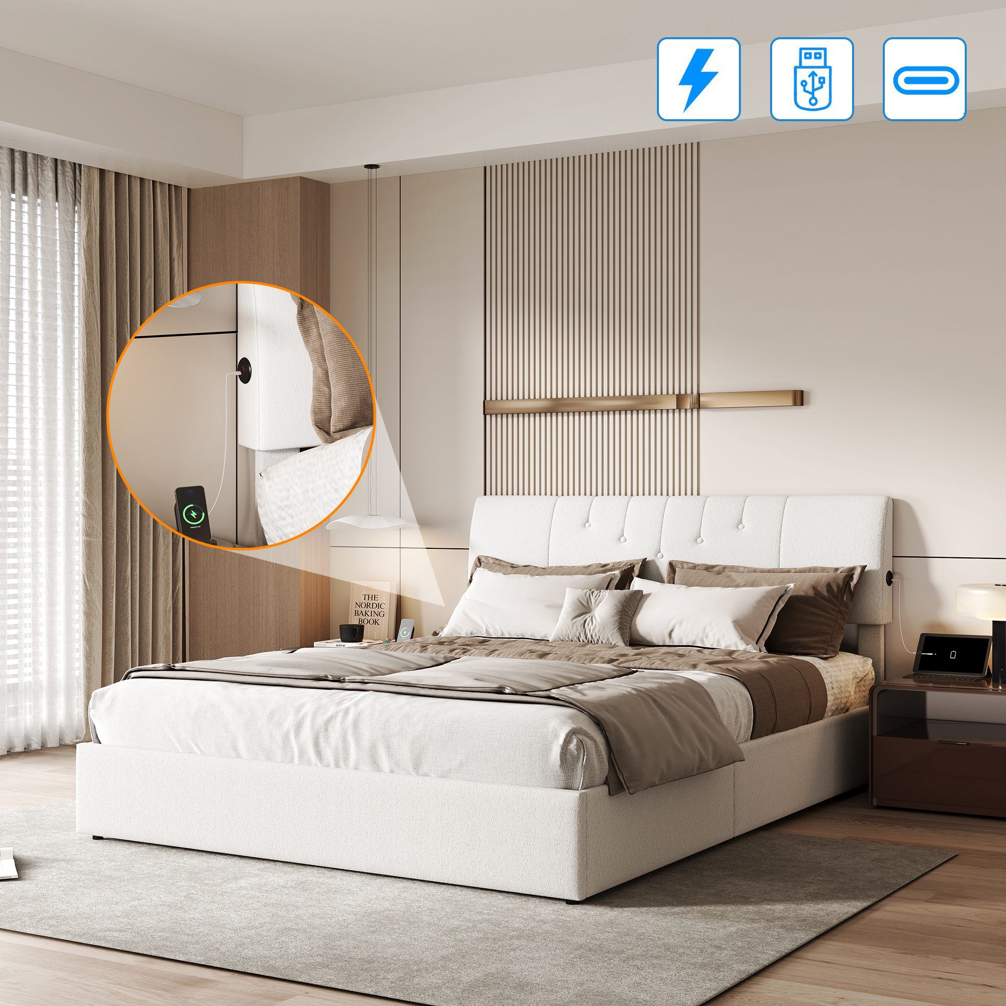 Gdood Polsterbett Stauraumbett Doppelbett LED, Teddy-Samt (1-tlg., 2 Type-C + 2 USB, Hydraulisch hebbarer Stauraum), Mit Bettkasten, USB-Anschluss, 160x200 cm