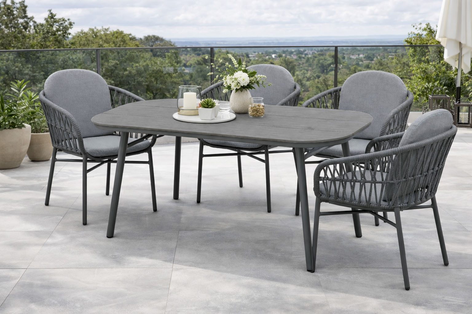 Destiny Garten-Essgruppe COMO SAN MARINO 4 Se + Tisch OV 180x90cm grau/ anthrazit, (Set, 4 Stapelsessel inkl. Polster, 1 Tisch), Aluminium, Rope, Polywood