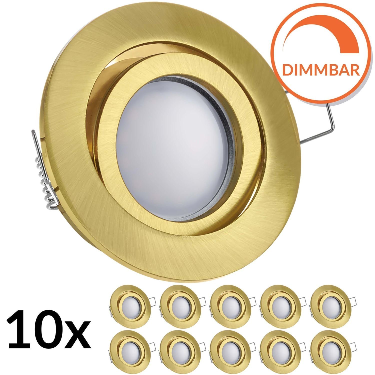 LEDANDO LED Einbaustrahler 10er LED Einbaustrahler Set EXTRA FLACH (35mm) in Gold mit LED Markenl