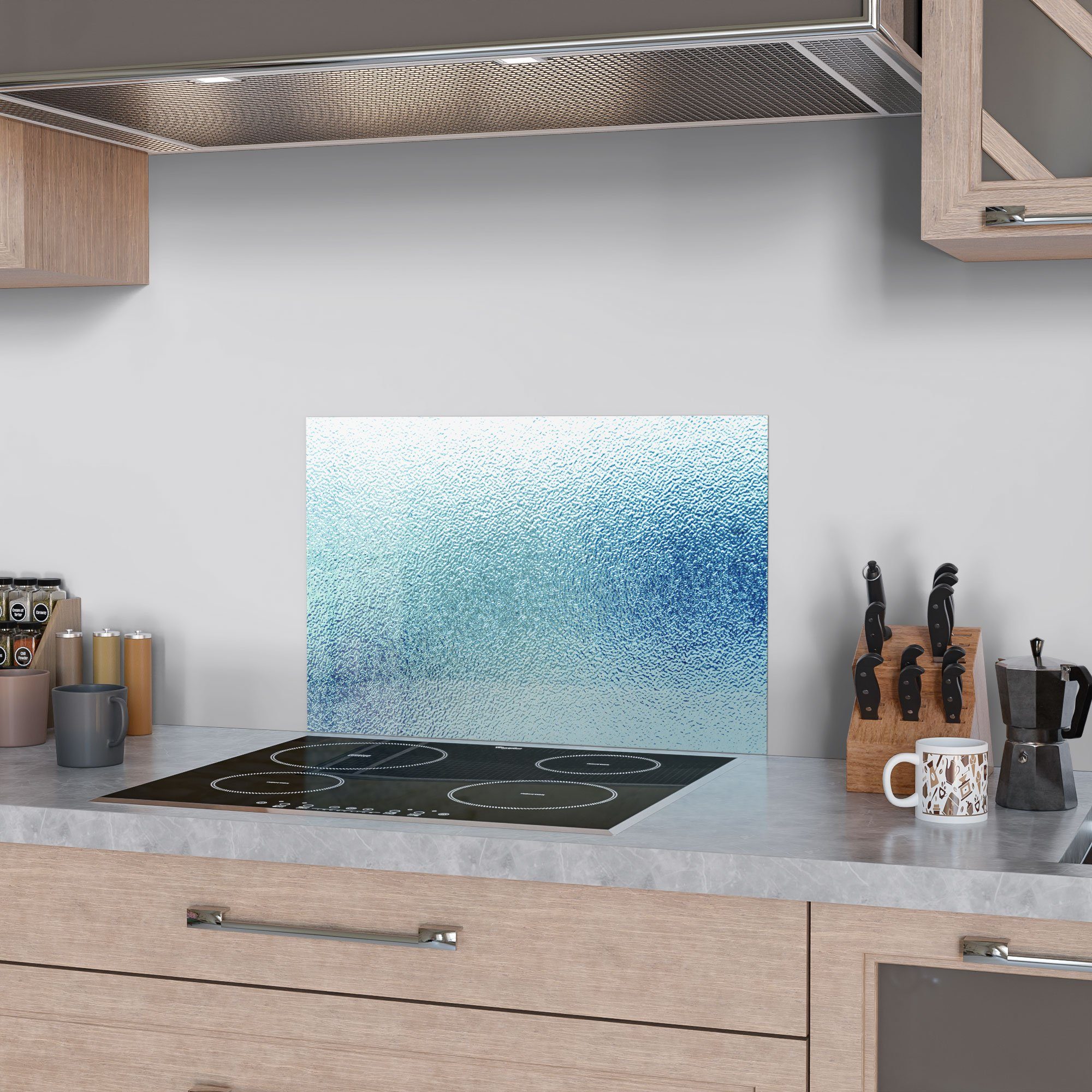 Herdblende Küchenrückwand mit DEQORI Spritzschutz Glas 'Milchglas Blaustich', Badrückwand