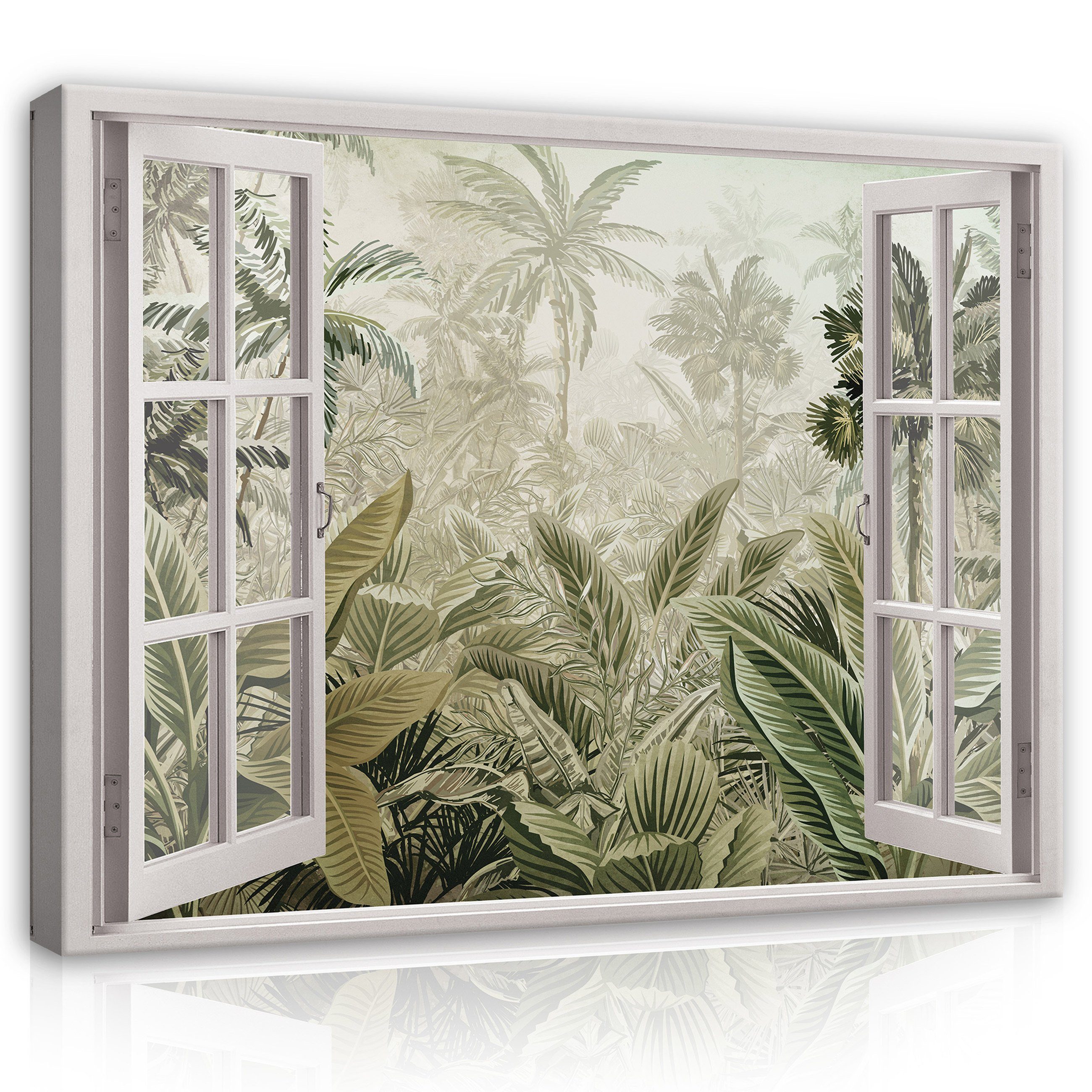 Wallarena Leinwandbild Fensterblick Dschungel Wald Blätter Tropische Fenster Wandbild Groß XXL Wandbilder Leinwandbilder Modern Canvas Kunstdruck Bild Auf Leinwand Bilder für Wohnzimmer Schlafzimmer, (Einteilig), Aufhängefertig