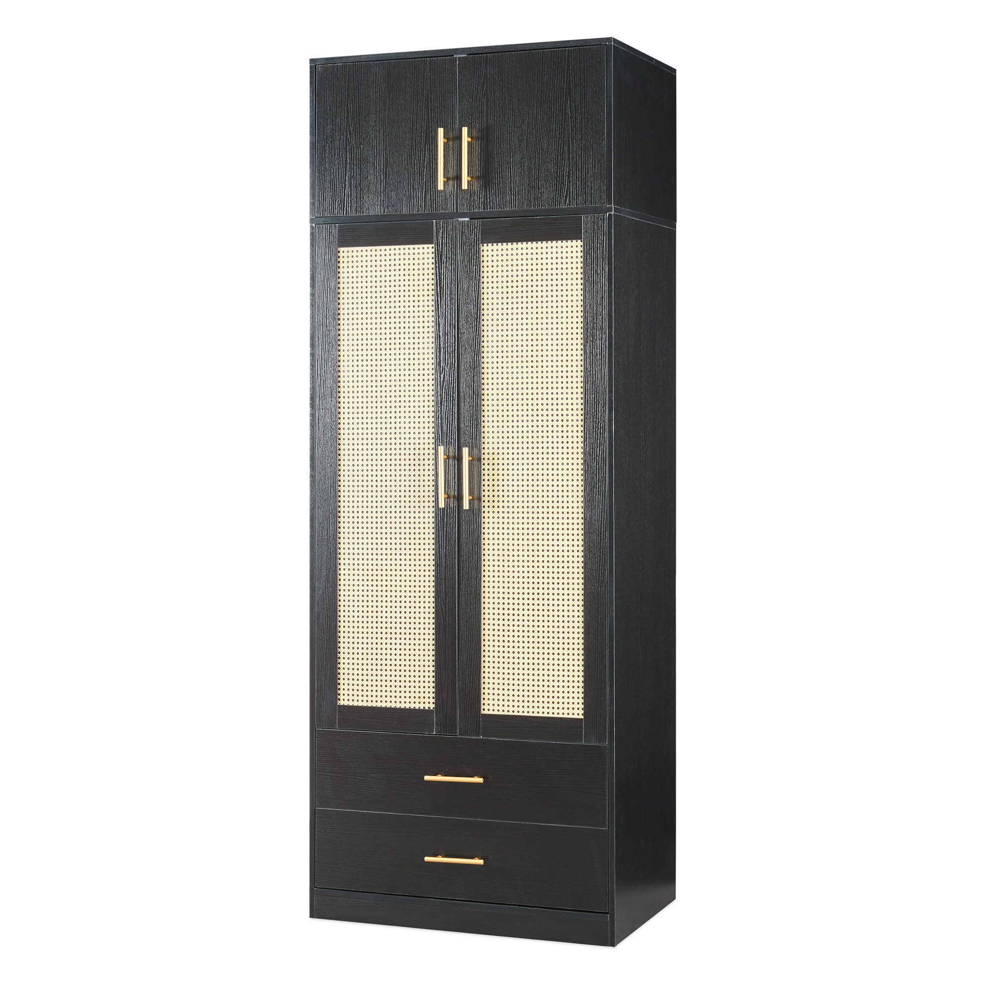 en.casa Kleiderschrank »Larundi« 216 x 80 x 52 cm 4 Türen 2 Schubladen Schwarz/Rattanoptik